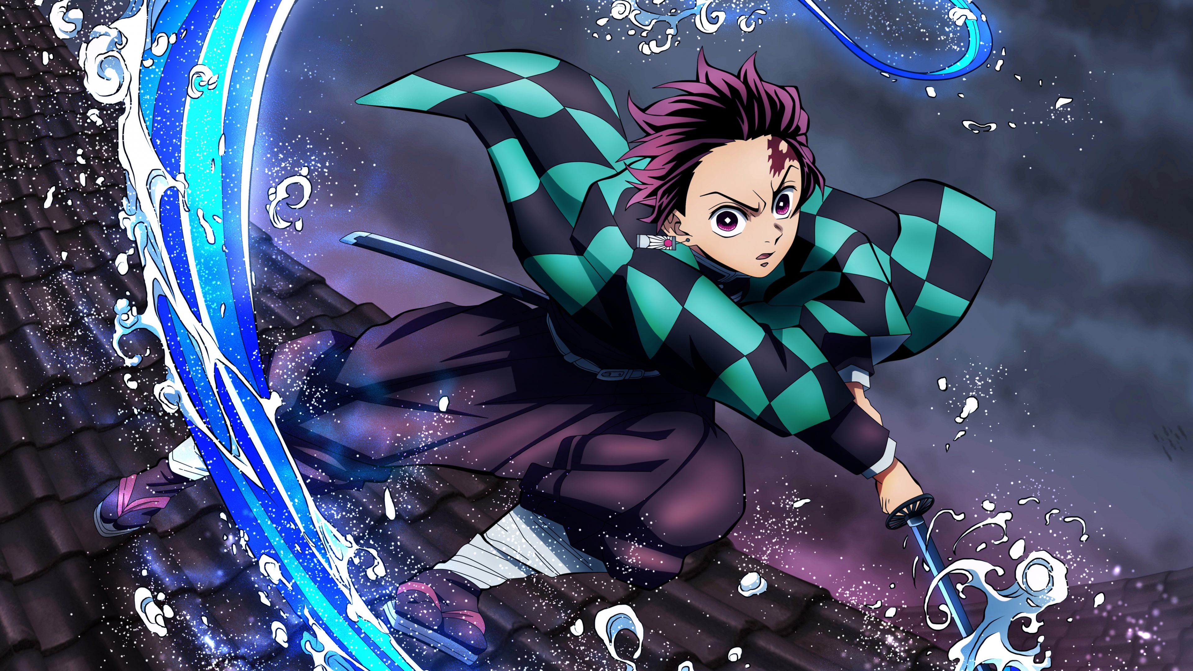 Tanjiro Kamado from Demon Slayer: Kimetsu no Yaiba using the Water Breathing technique with flowing blue water effects.