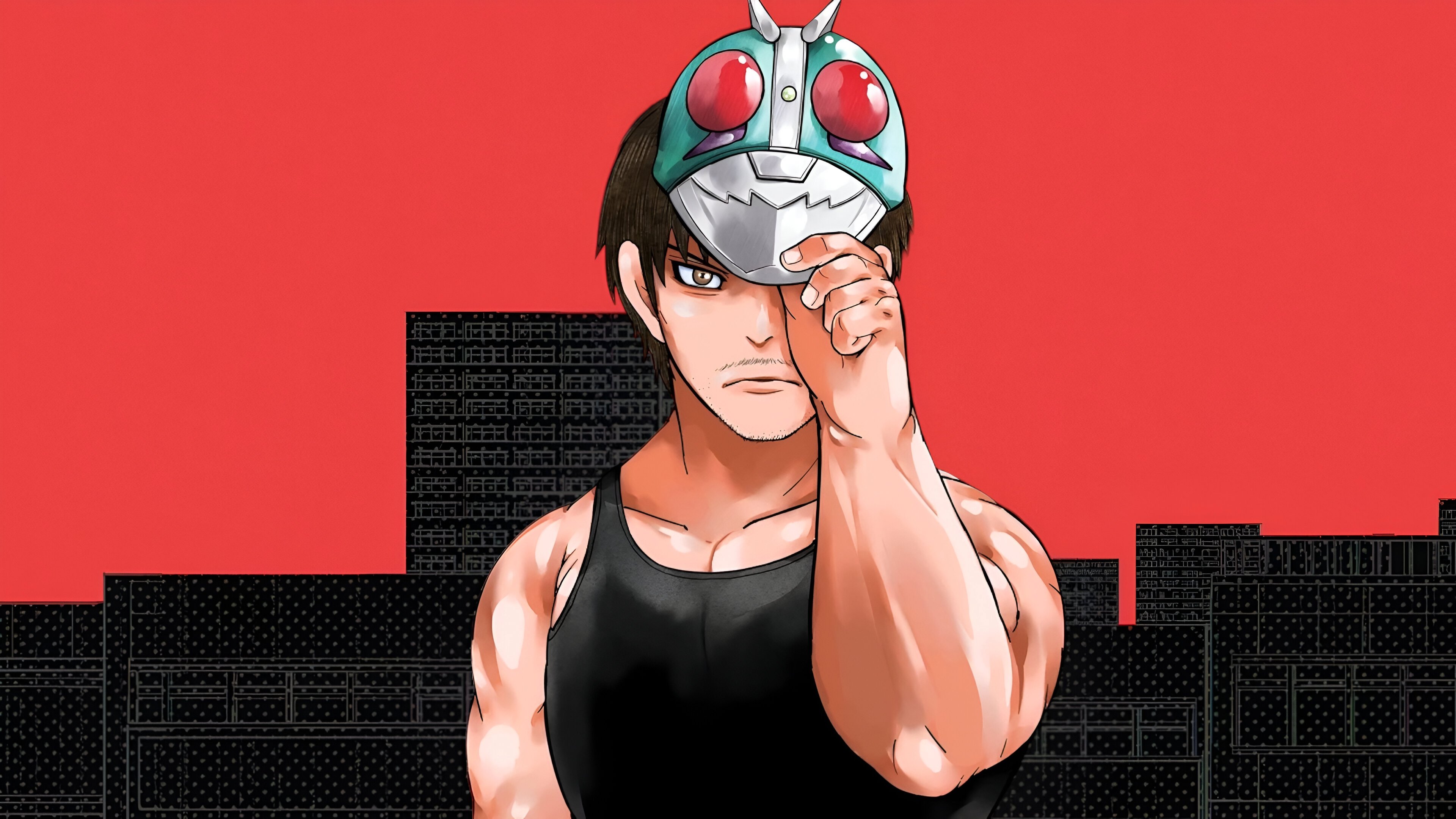 Anime character Tanzaburo Tojima wearing a mask from the series Tojima Wants to Be a Kamen Rider