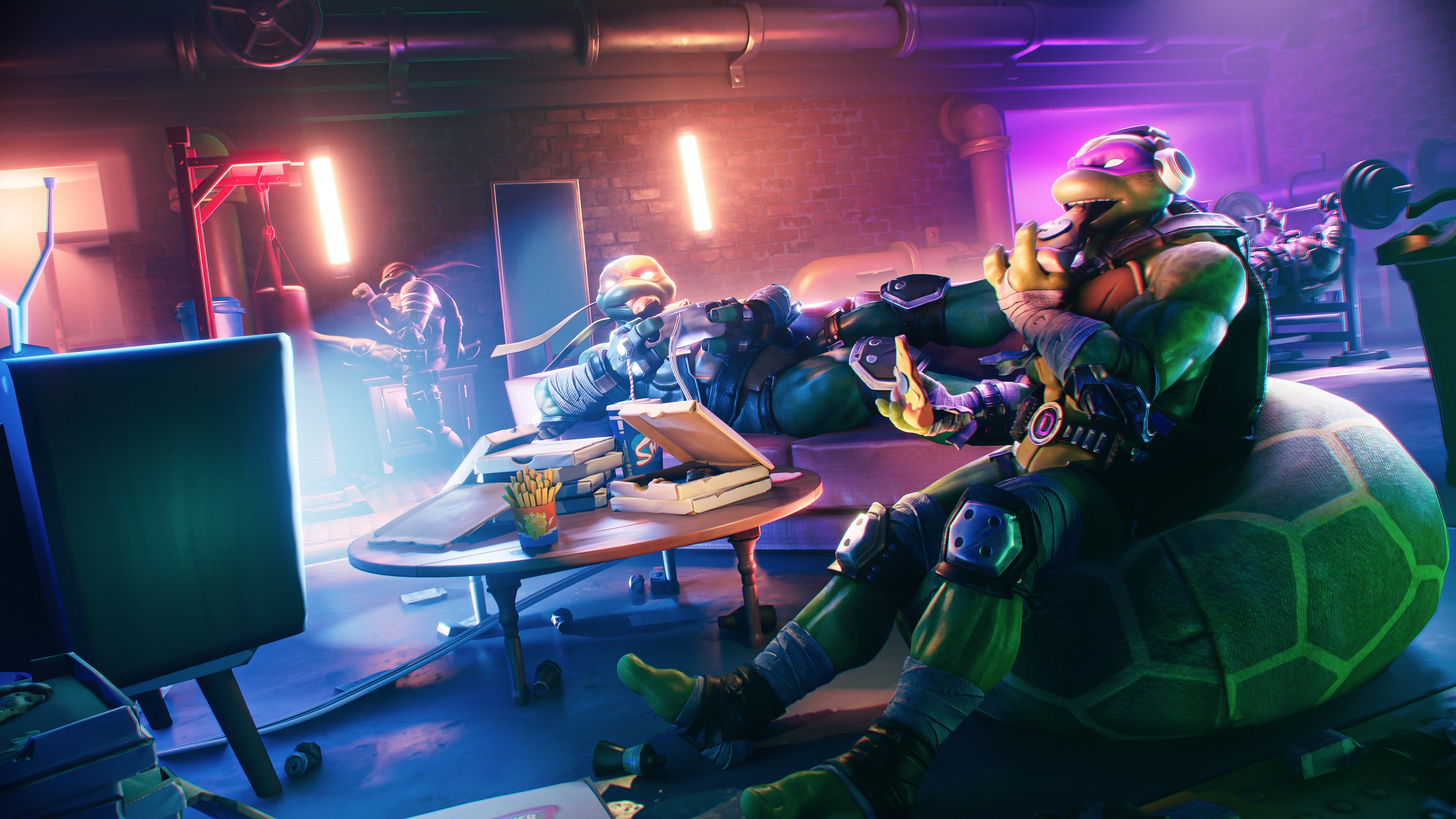 The Teenage Mutant Ninja Turtles, including Leonardo, Donatello, Raphael, and Michelangelo, presented in a colorful Fortnite gaming aesthetic.