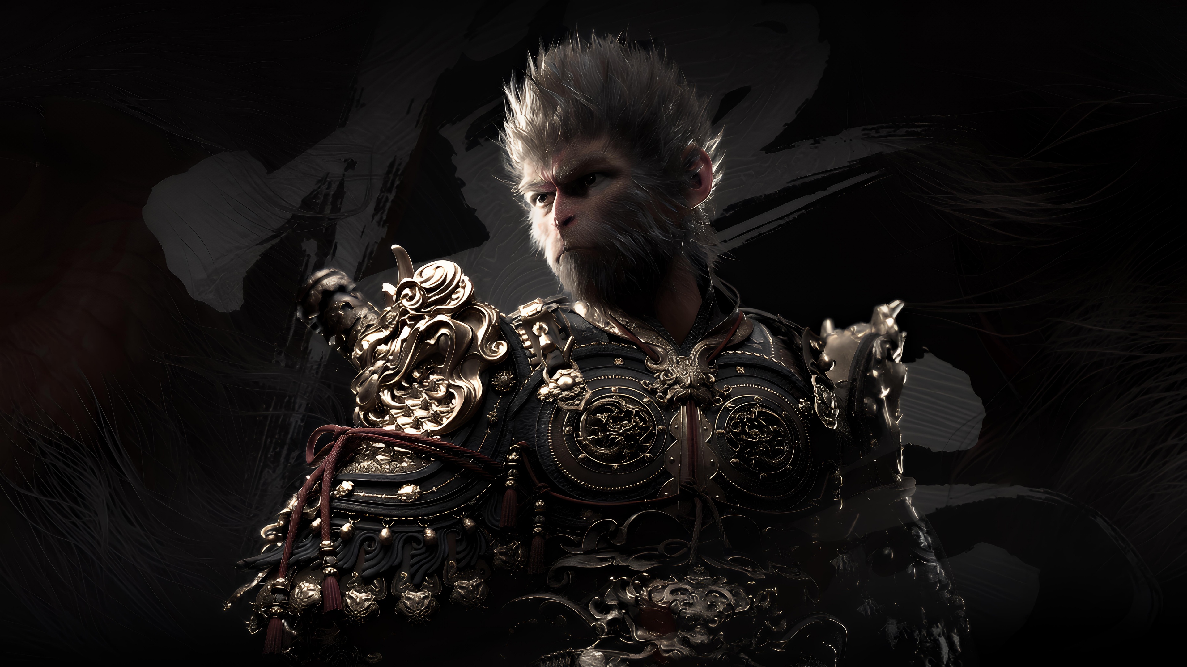 A cinematic and high-detail portrait of the Destined One from the video game Black Myth: Wukong, featuring a dark and moody atmosphere.