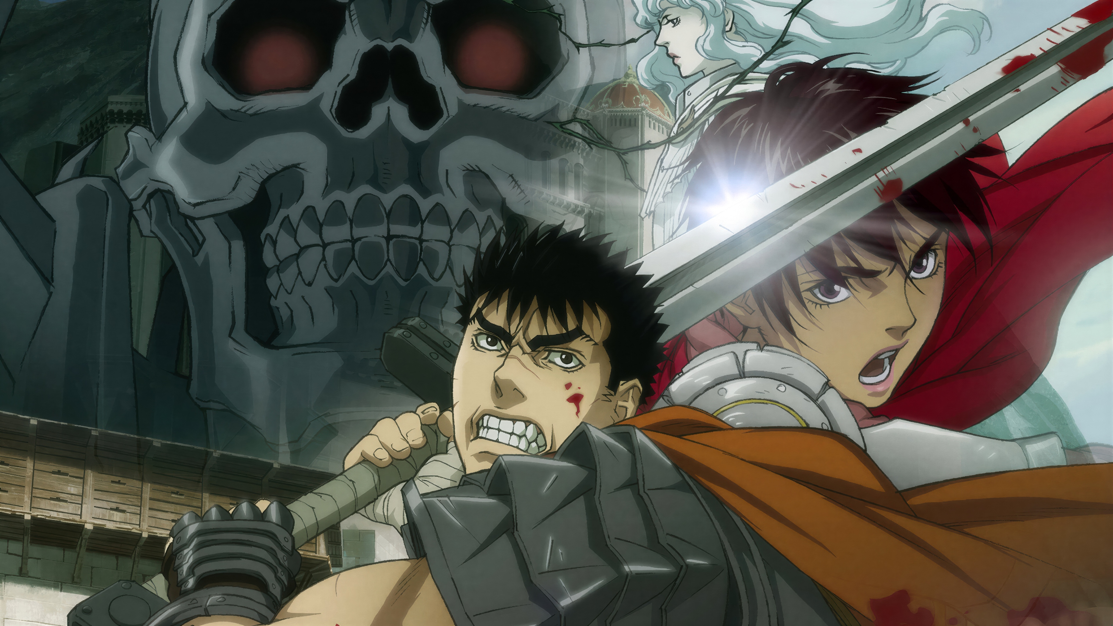 A dramatic and high-resolution portrayal of Guts, Casca, and Griffith from the Berserk manga series.