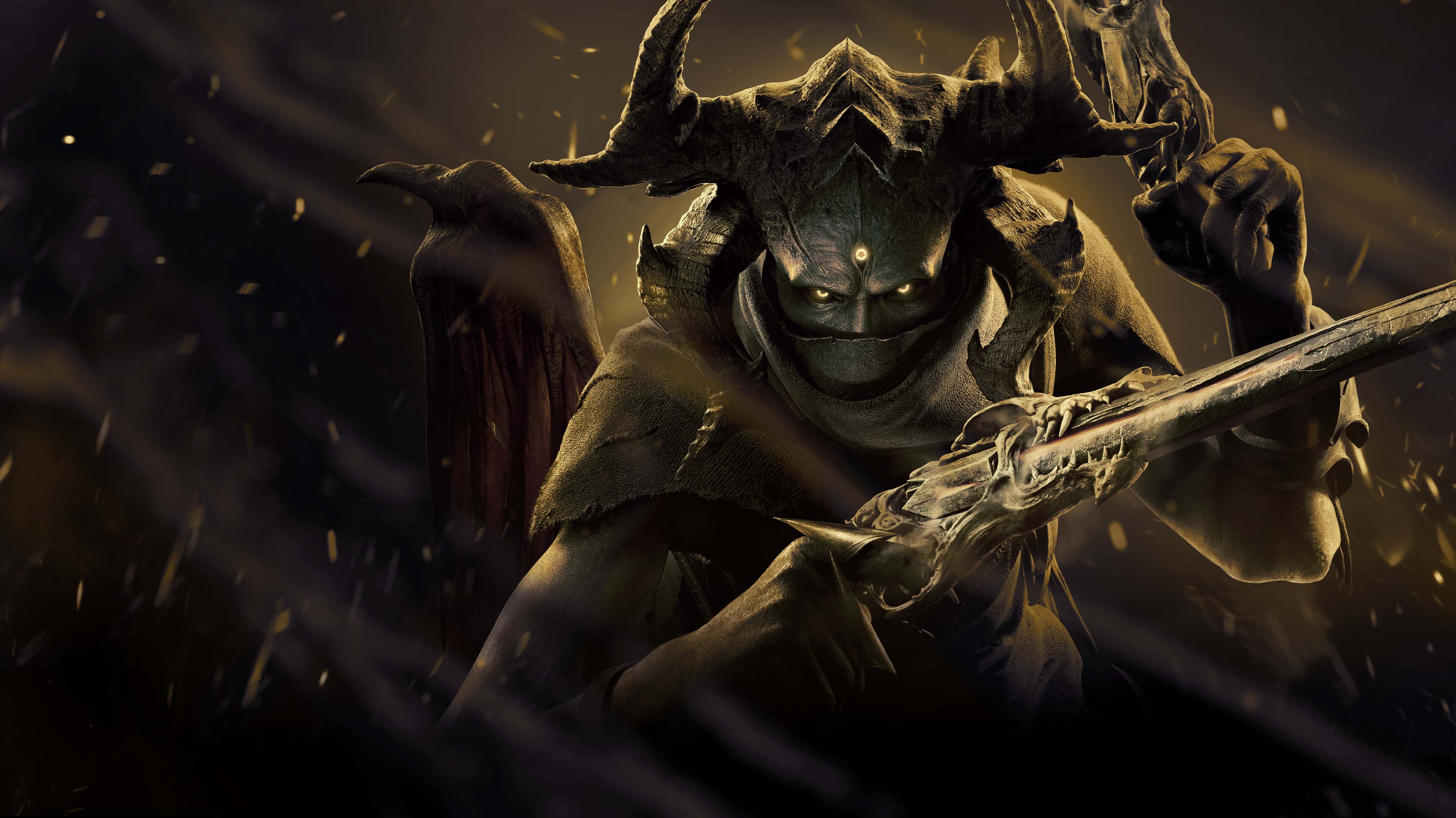 The Hellsinger character from the video game Metal: Hellsinger in a high-intensity combat setting.