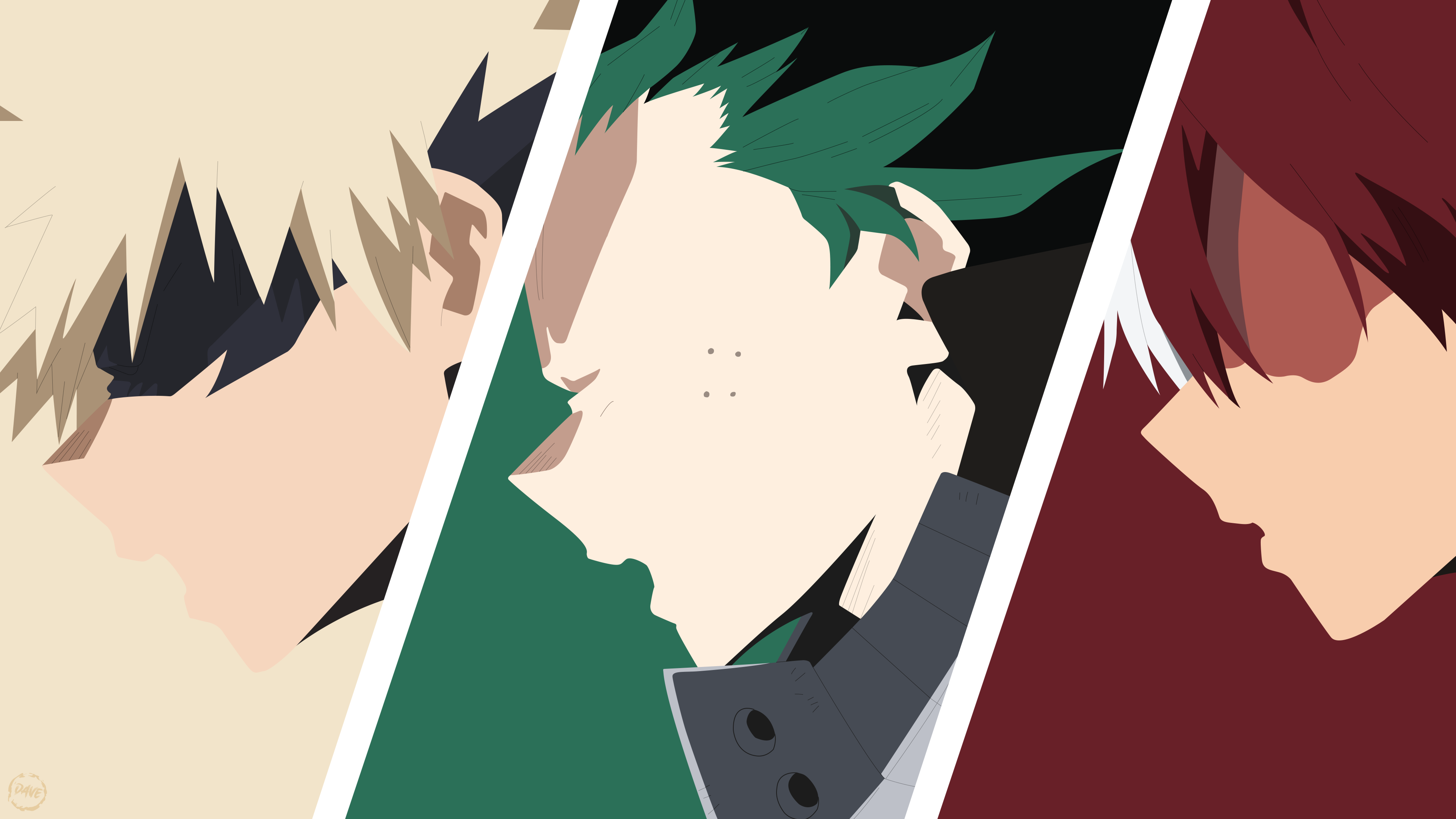 Katsuki Bakugo, Izuku Midoriya, and Shoto Todoroki from My Hero Academia standing together.