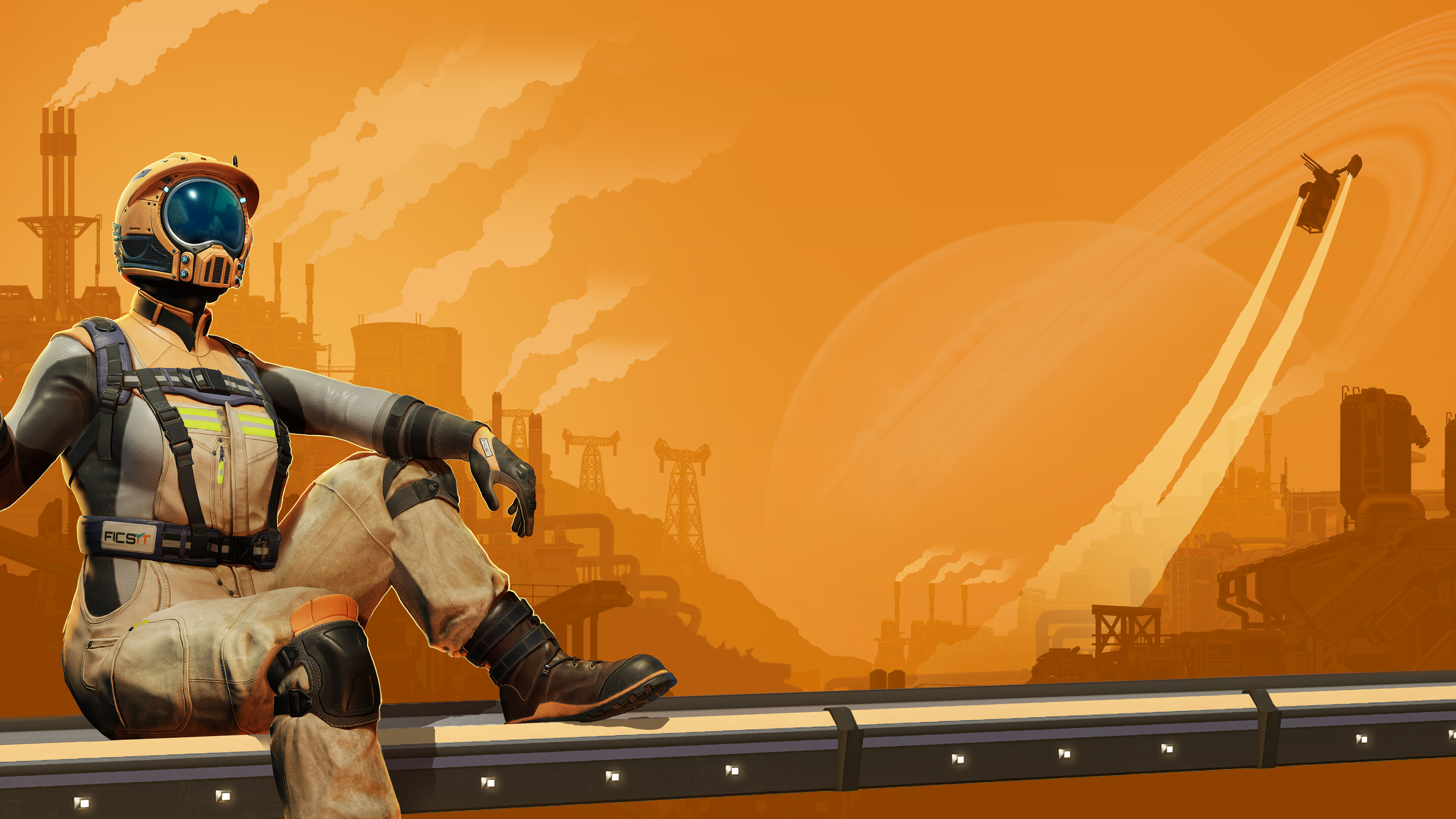 The Pioneer character from the game Satisfactory standing amidst an expansive industrial factory landscape.