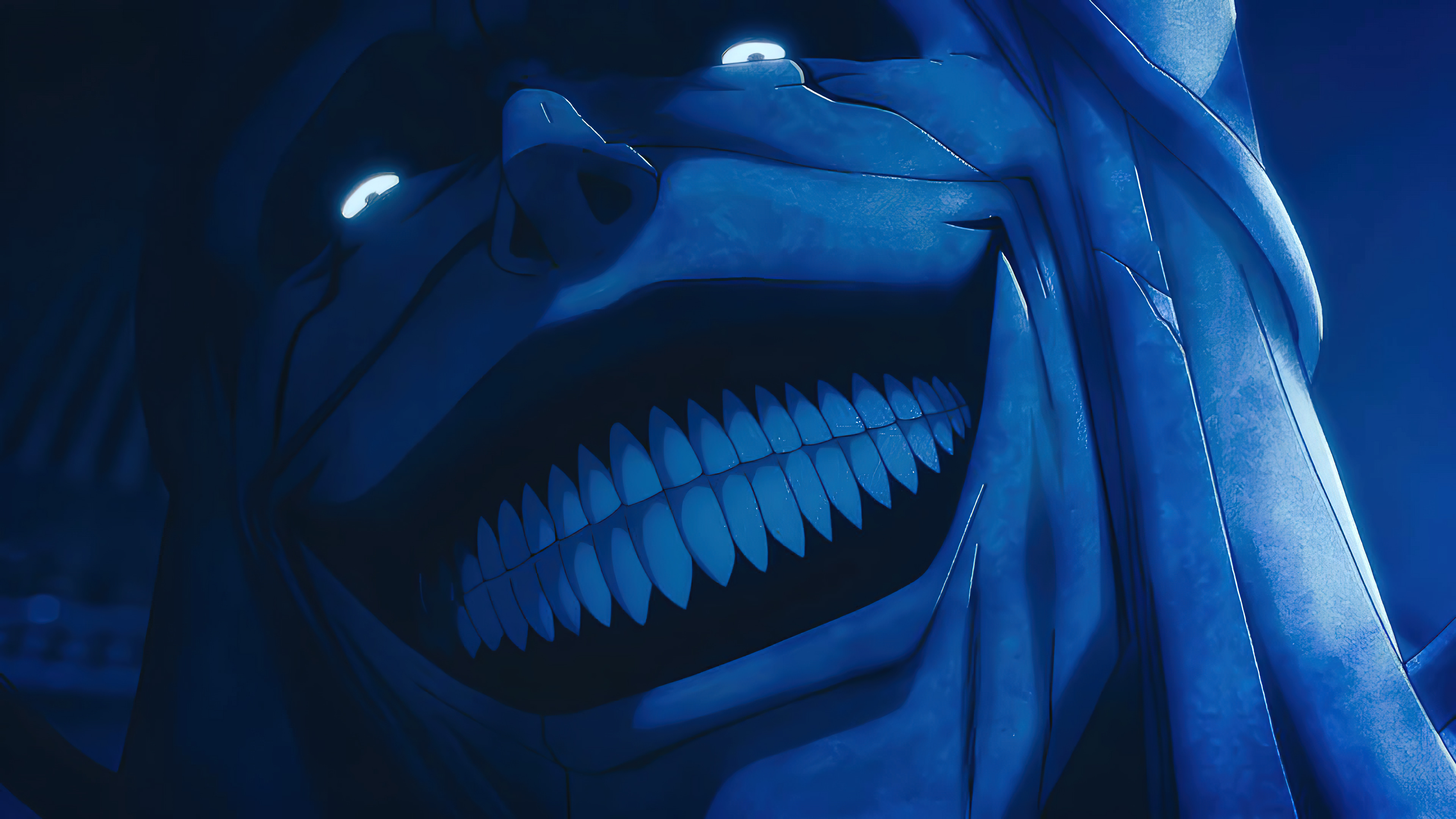 A giant, scary stone statue with a sinister smile and glowing eyes, representing the Statue of God from Solo Leveling.