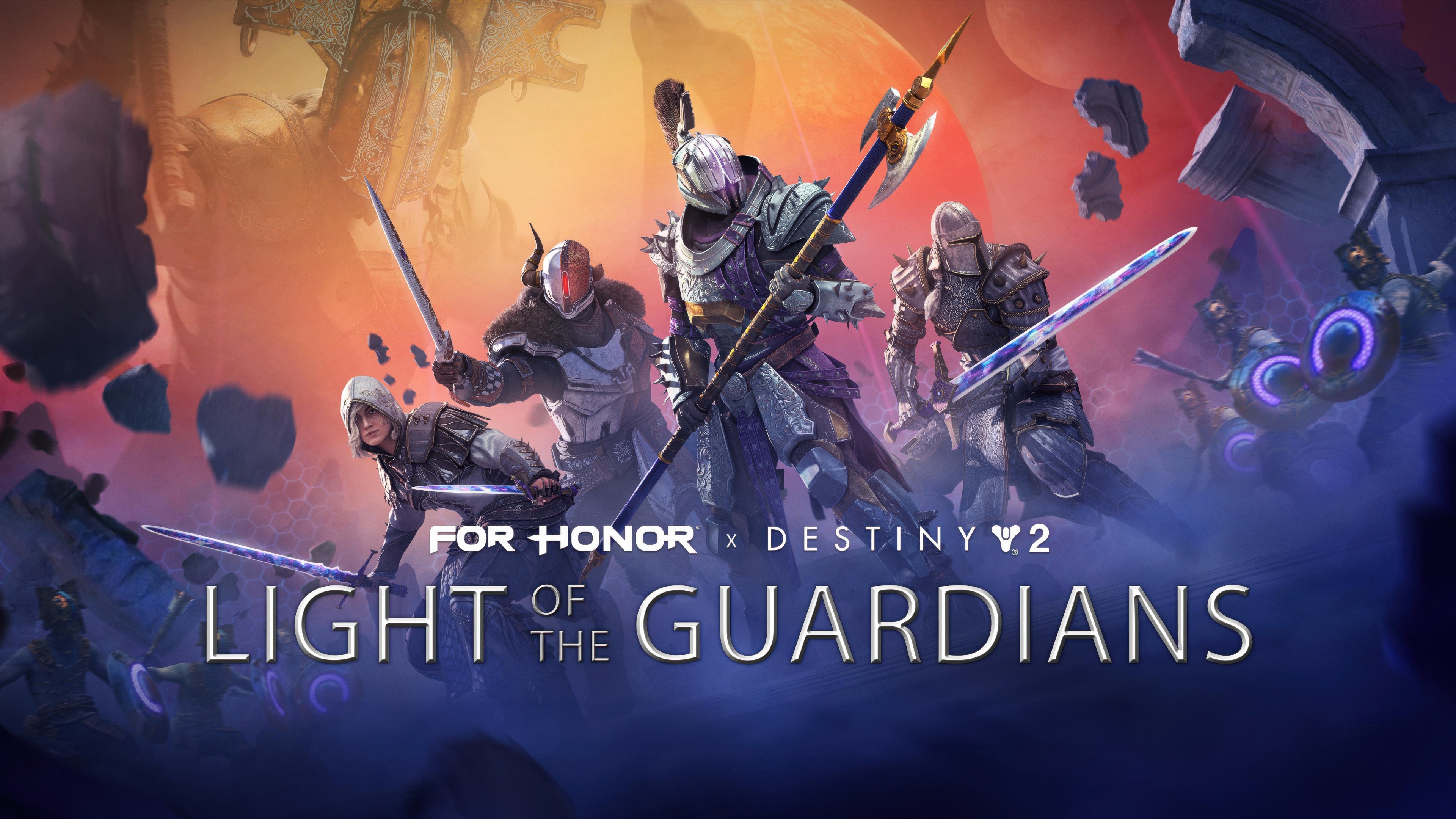 A highly detailed cinematic portrait of a warrior in heavy medieval plate armor infused with glowing blue sci-fi energy, blending the aesthetics of For Honor and Destiny 2.