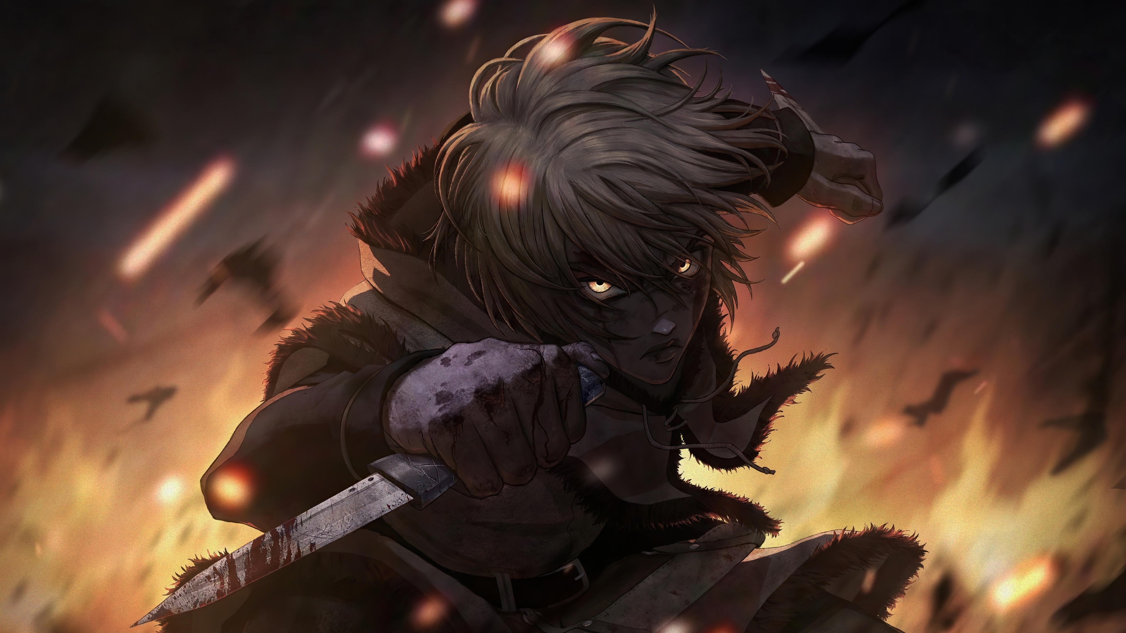 A high-definition, detailed close-up of Thorfinn from the anime Vinland Saga.