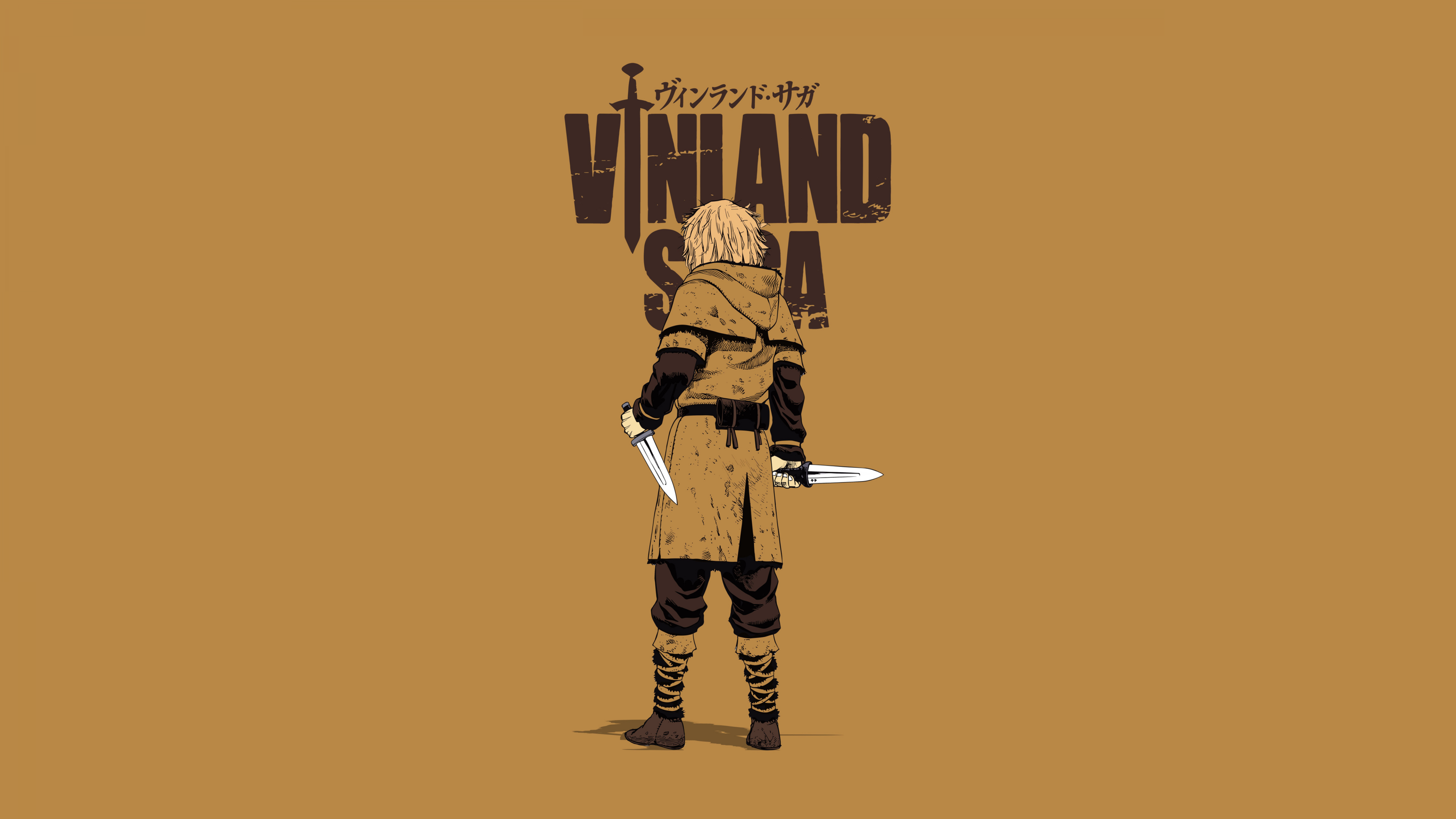 Minimalist character portrait of Thorfinn from Vinland Saga on a solid yellow background.