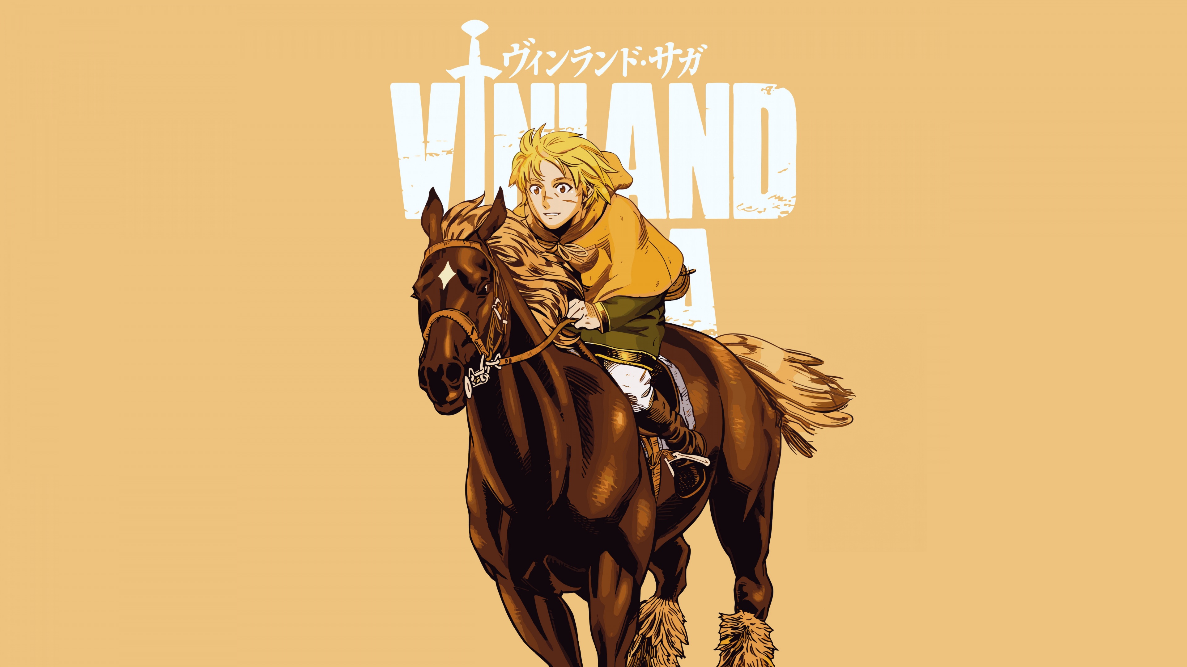 Minimalist 5K portrait of Thorfinn from Vinland Saga against a bright yellow background.
