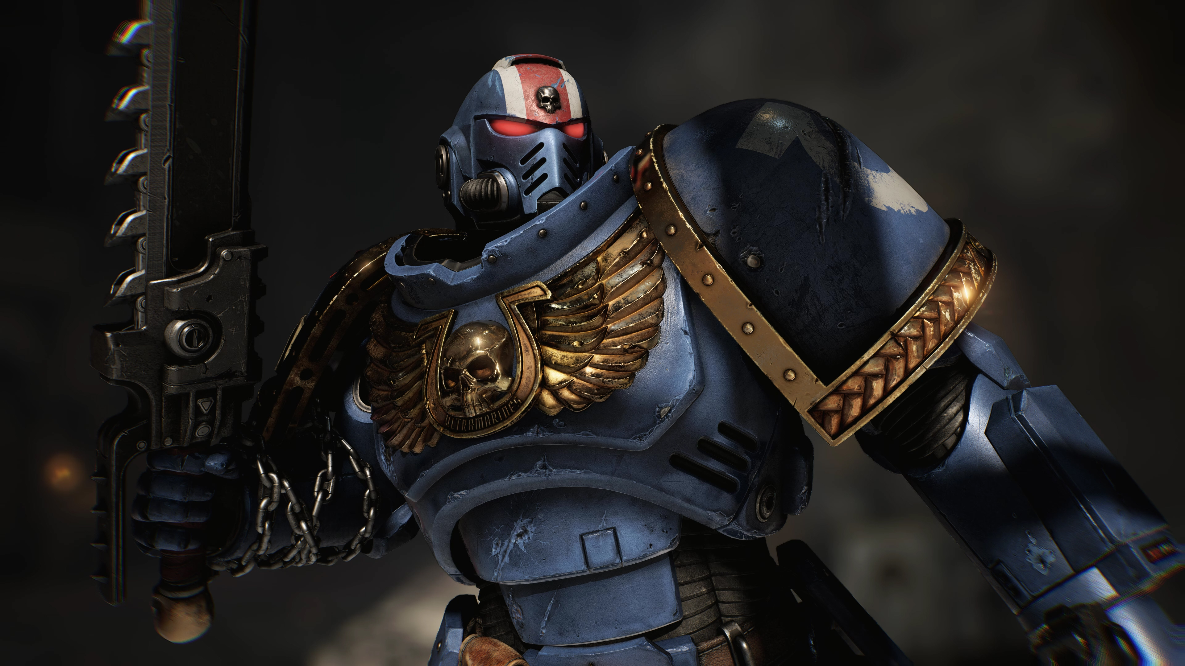 Lieutenant Titus in heavy power armor from Warhammer 40,000: Space Marine 2 against a dark, moody background.