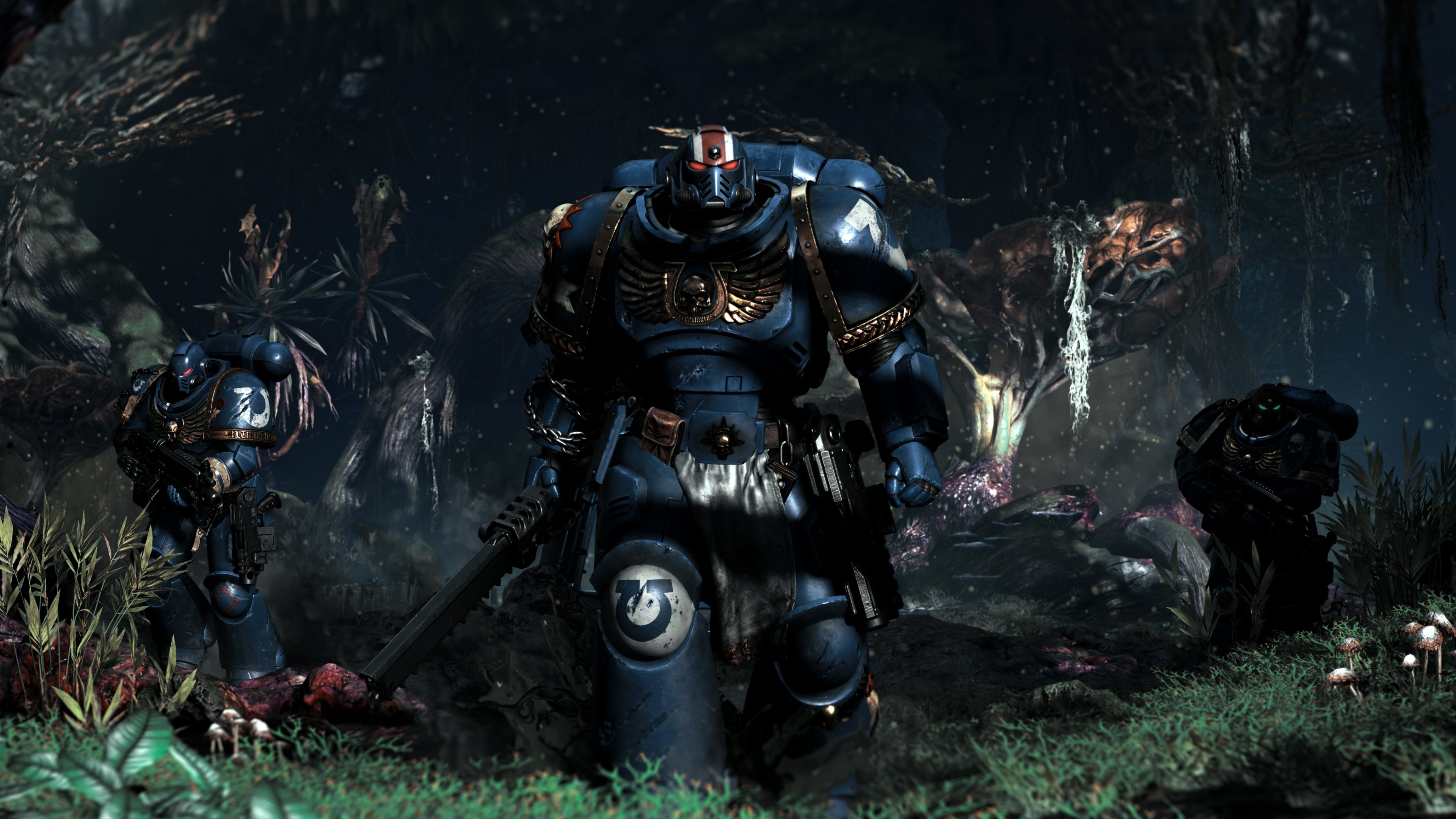 A heavily armored Ultramarine Space Marine from Warhammer 40,000: Space Marine 2 in a combat-ready pose.