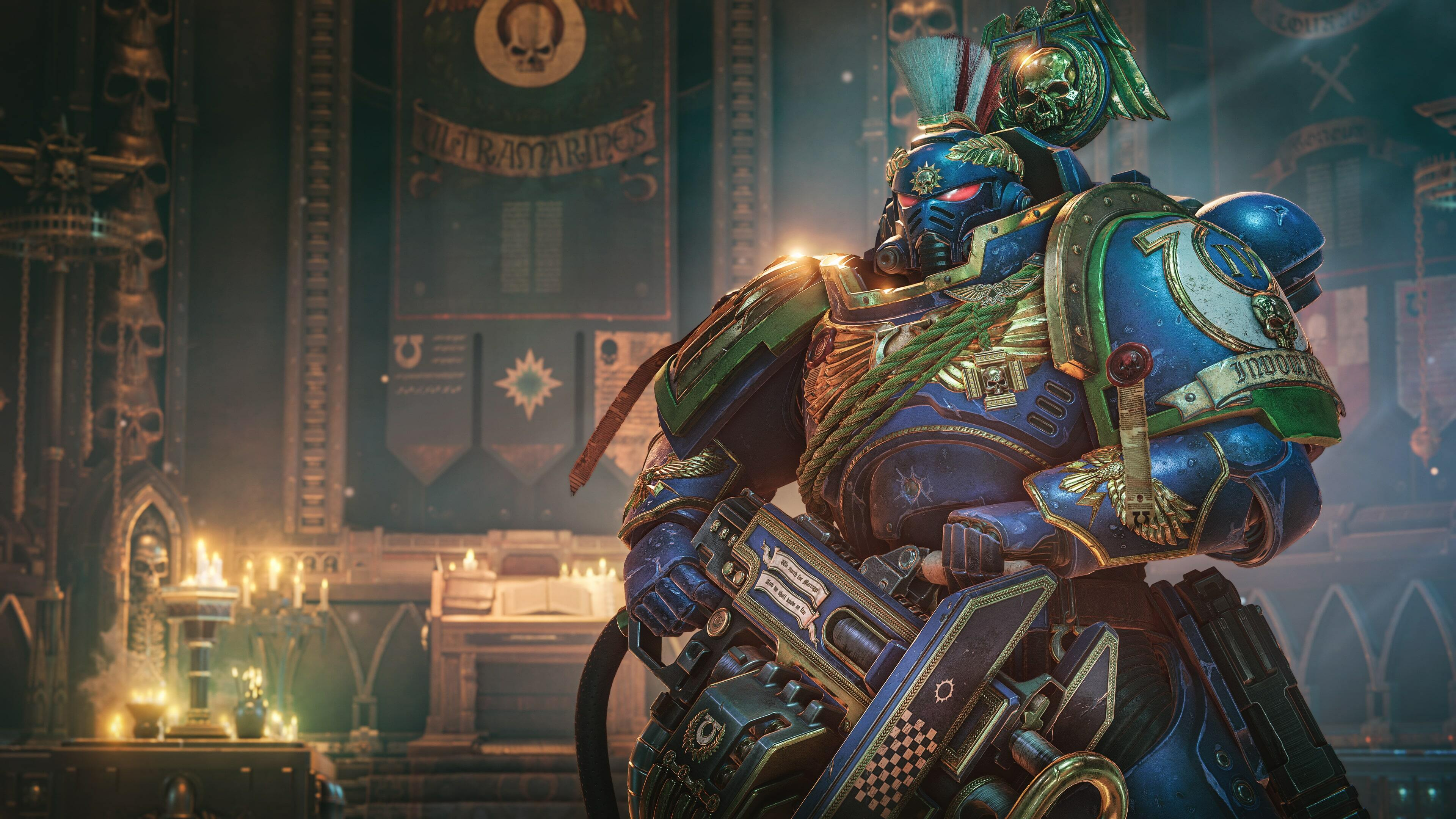 A detailed view of an Ultramarine Space Marine in iconic blue power armor, inspired by Warhammer 40,000: Space Marine 2.