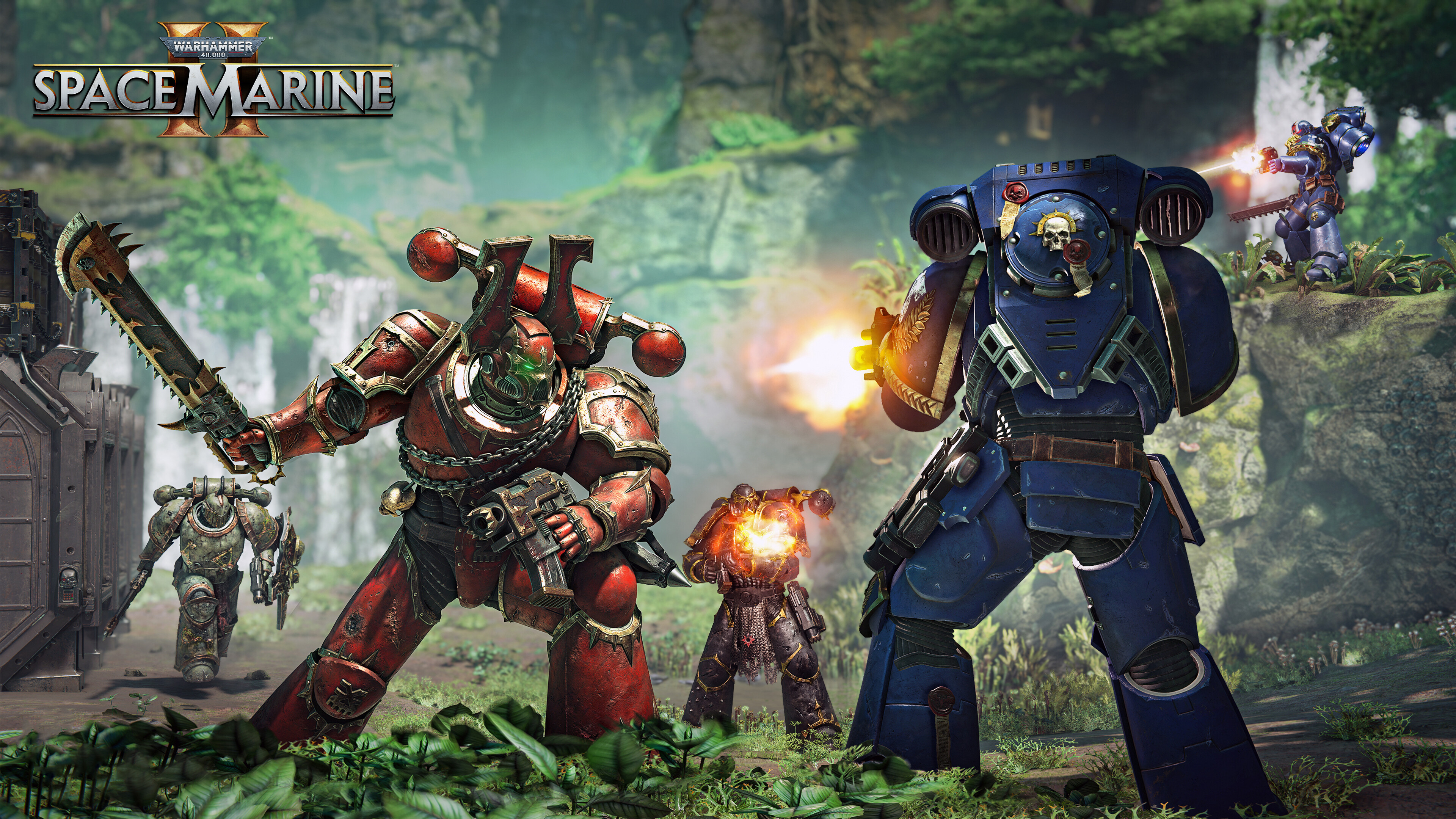 An Ultramarine Space Marine from Warhammer 40,000: Space Marine 2 in blue power armor.