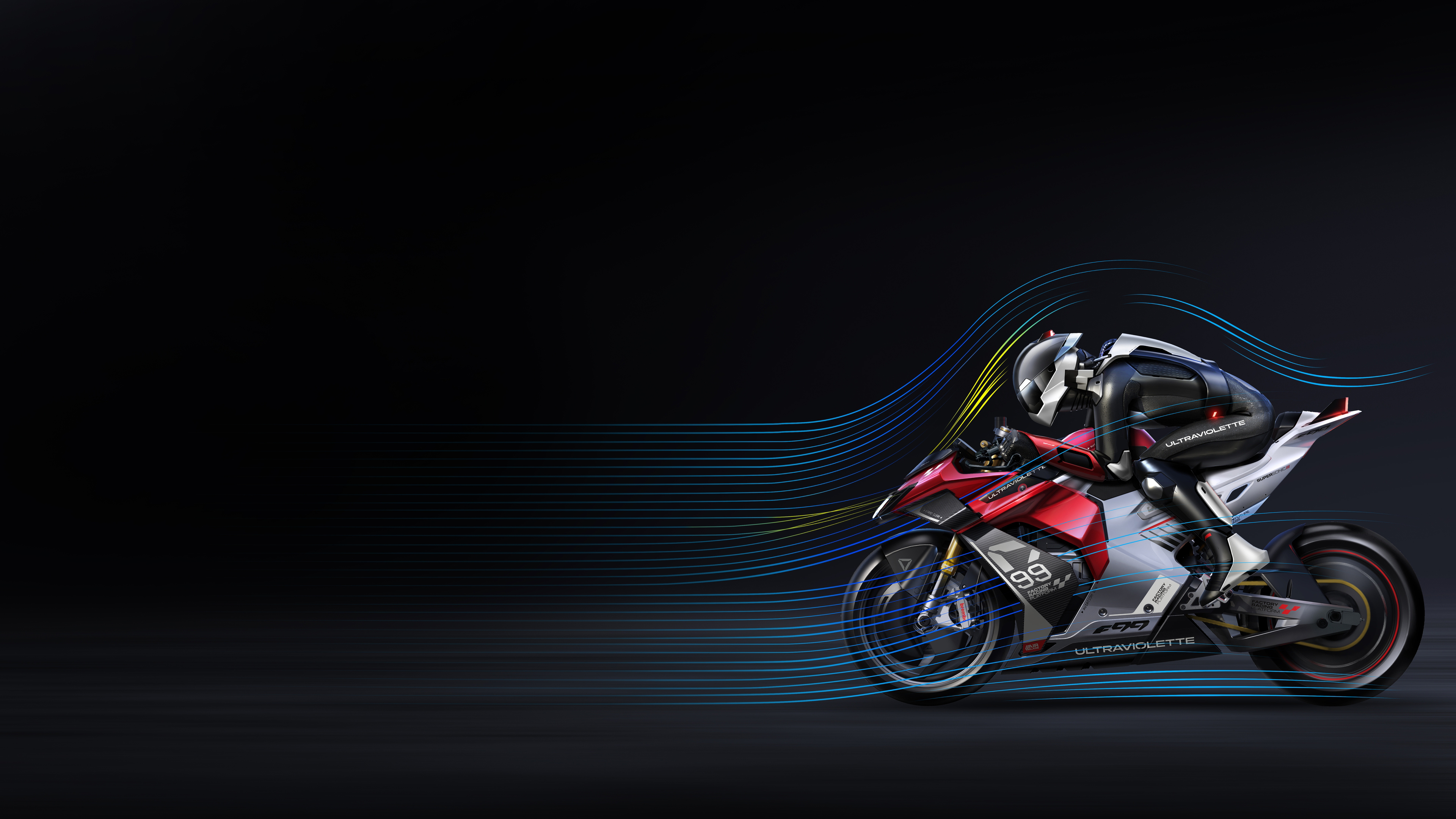 A professional rider on an Ultraviolette F99 electric motorcycle against a dark, moody background.