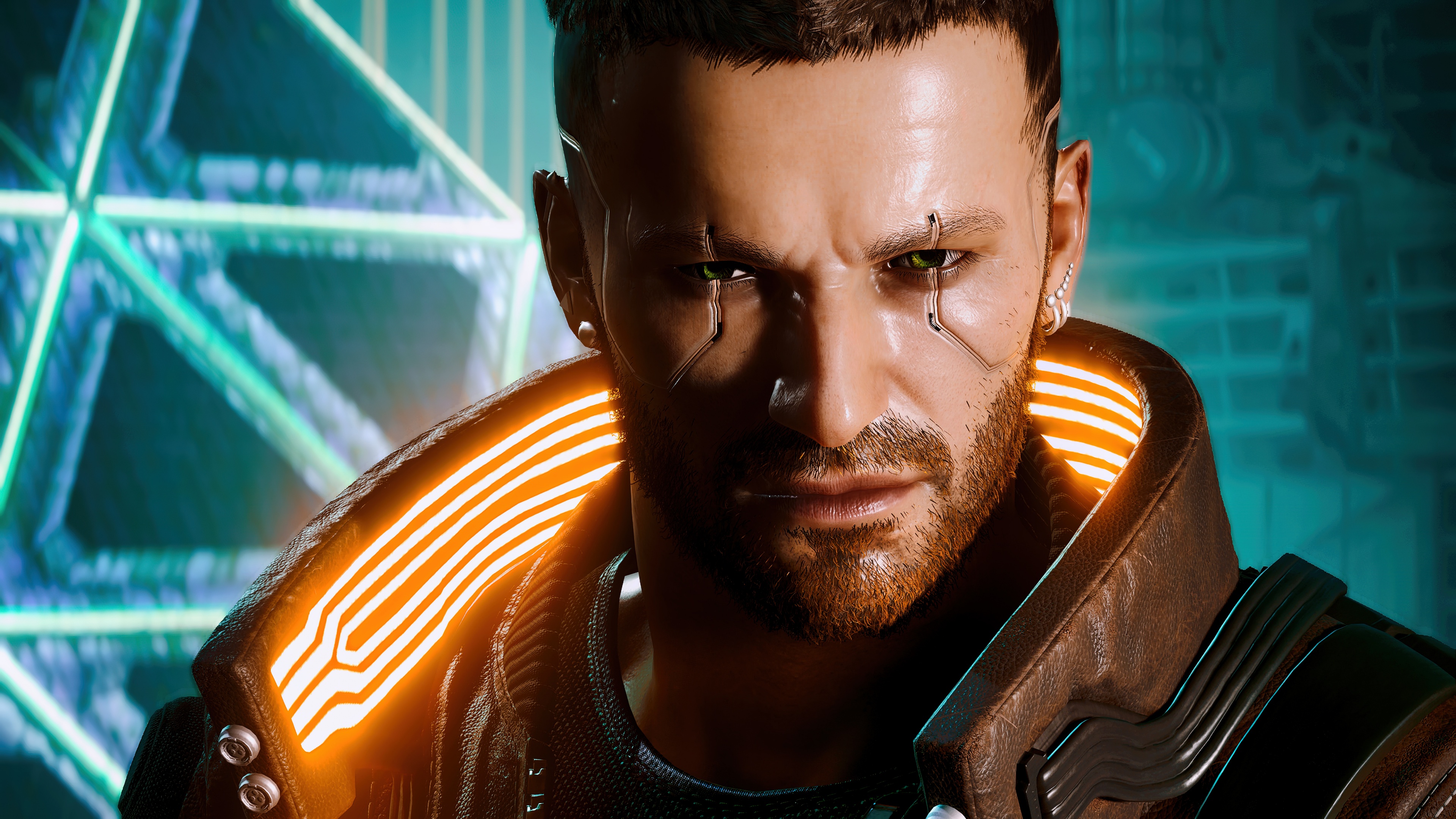 A detailed cinematic portrait of V, the character from Cyberpunk 2077, featuring futuristic neon lighting and urban sci-fi elements.