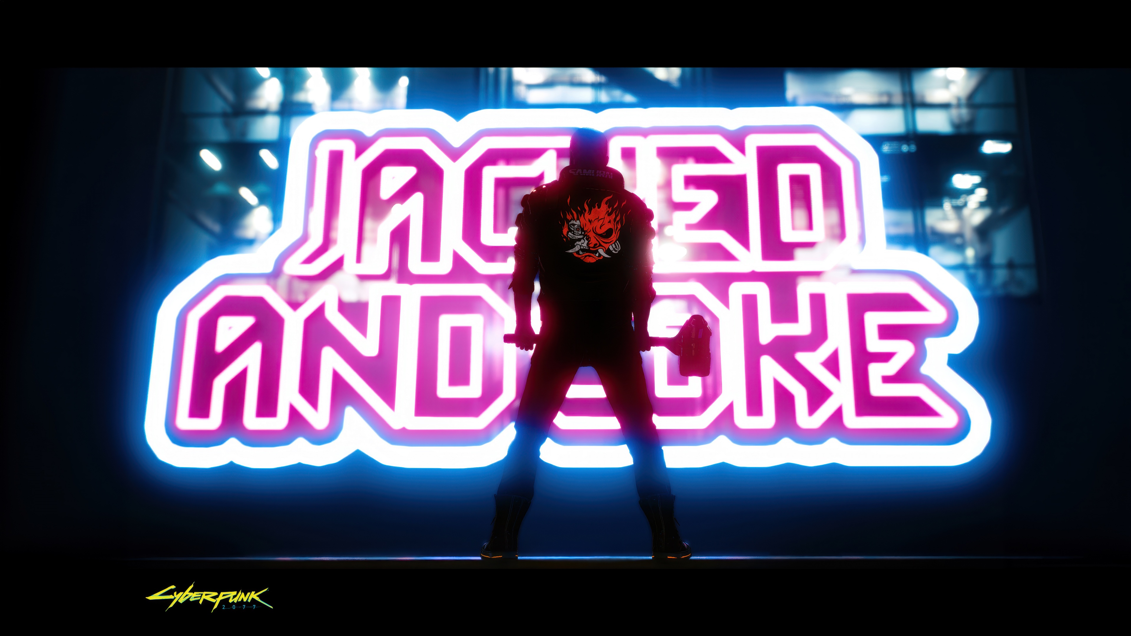 V from Cyberpunk 2077 wearing a Samurai jacket in a dark, neon-lit dystopian cityscape.