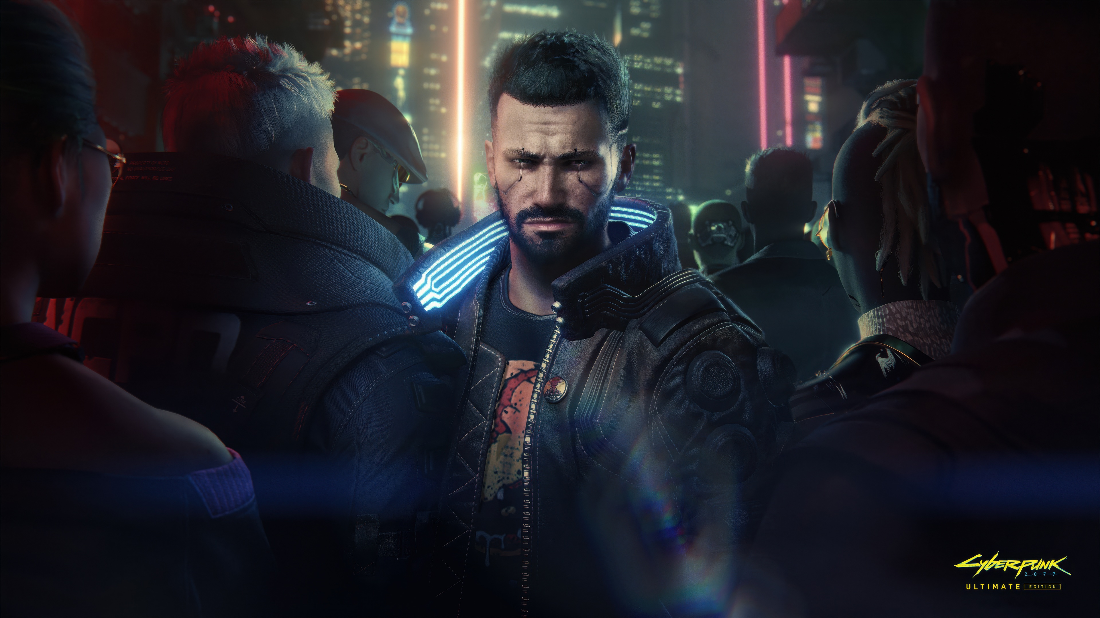 High-detail 5K game art of V from Cyberpunk 2077 featuring cybernetic implants and vibrant neon lighting.