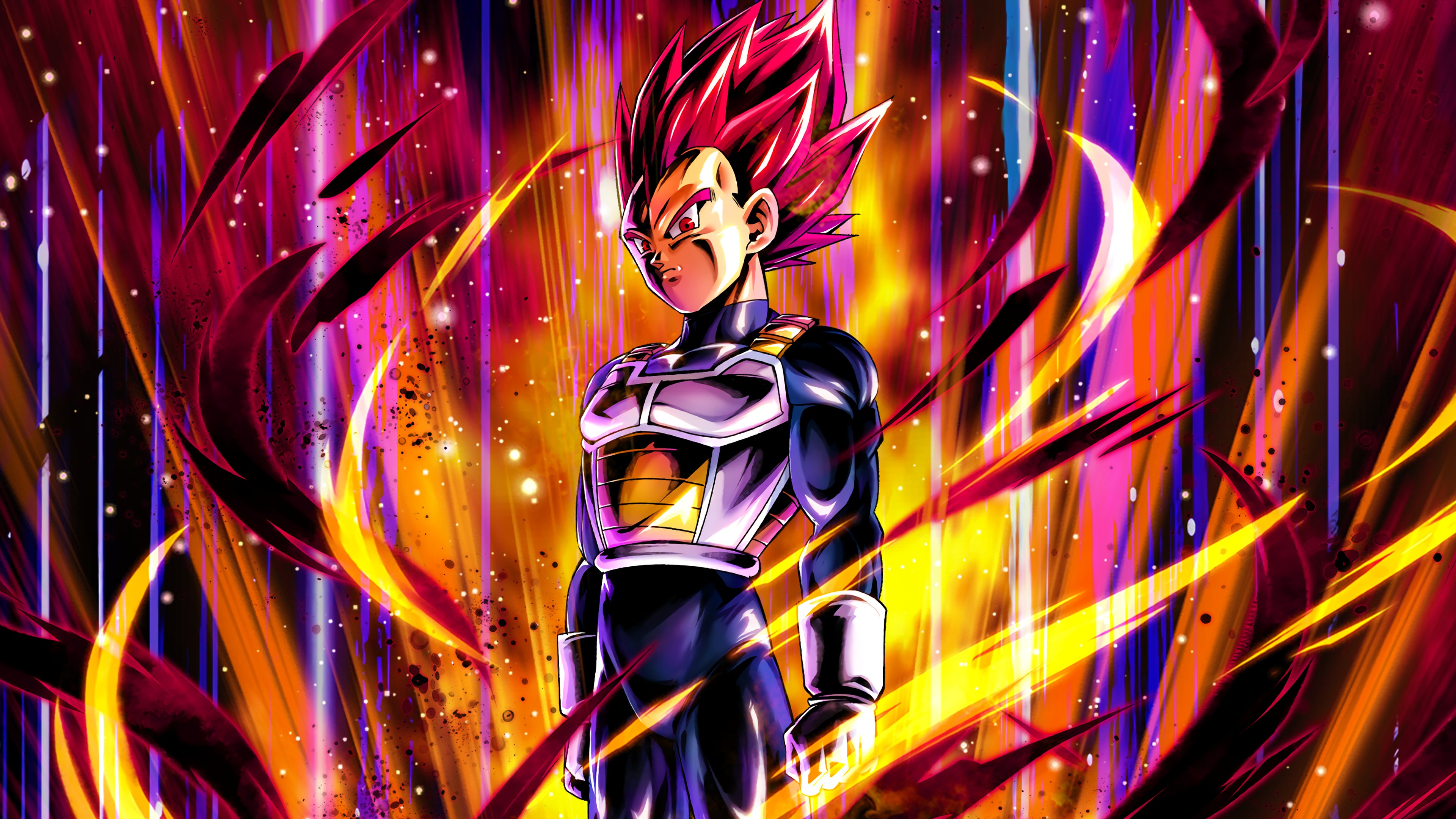 Vegeta in Super Saiyan God form with a vibrant red aura from Dragon Ball Legends