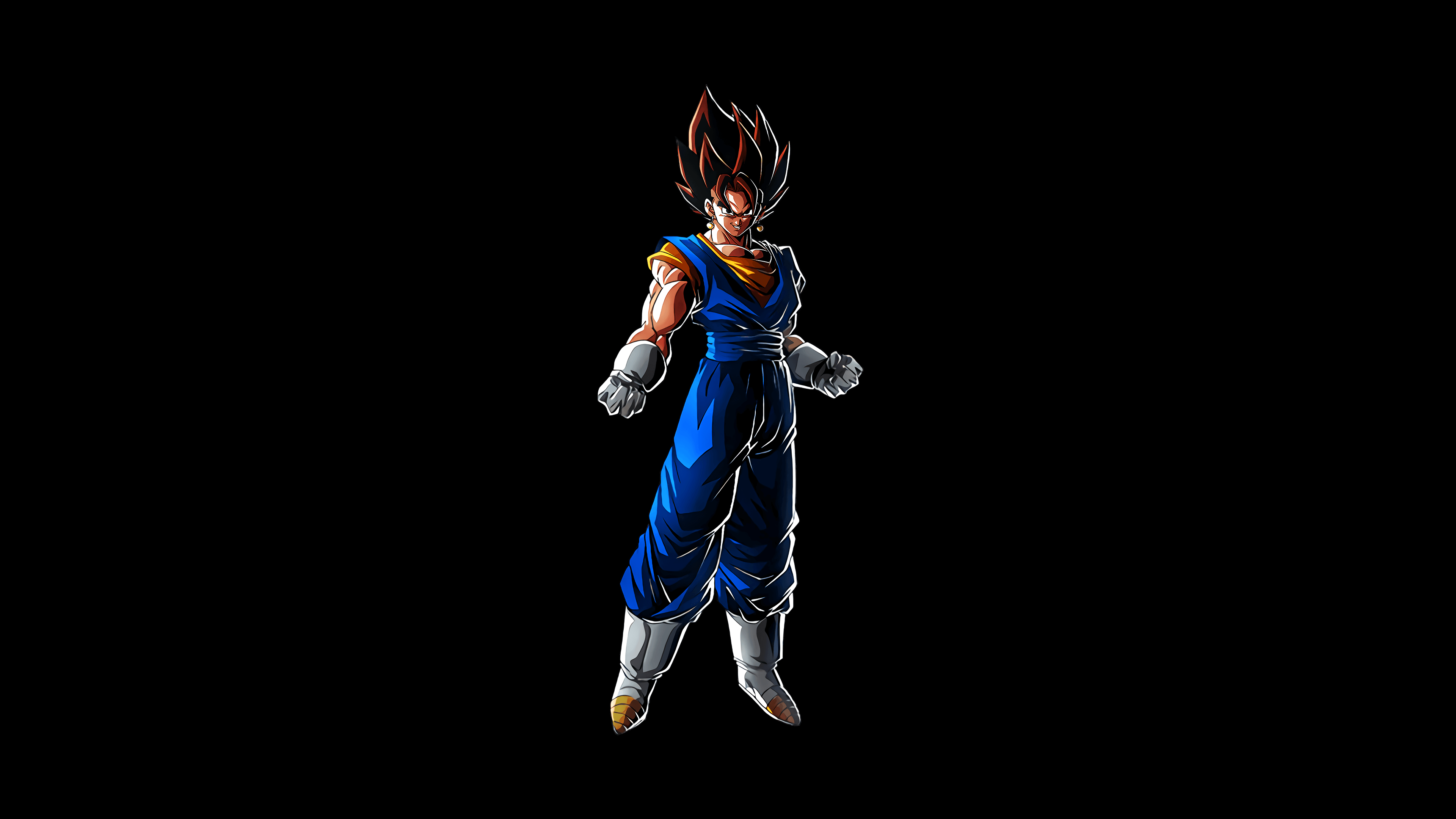 High-contrast portrait of Vegito from Dragon Ball Legends on a pure black AMOLED background.