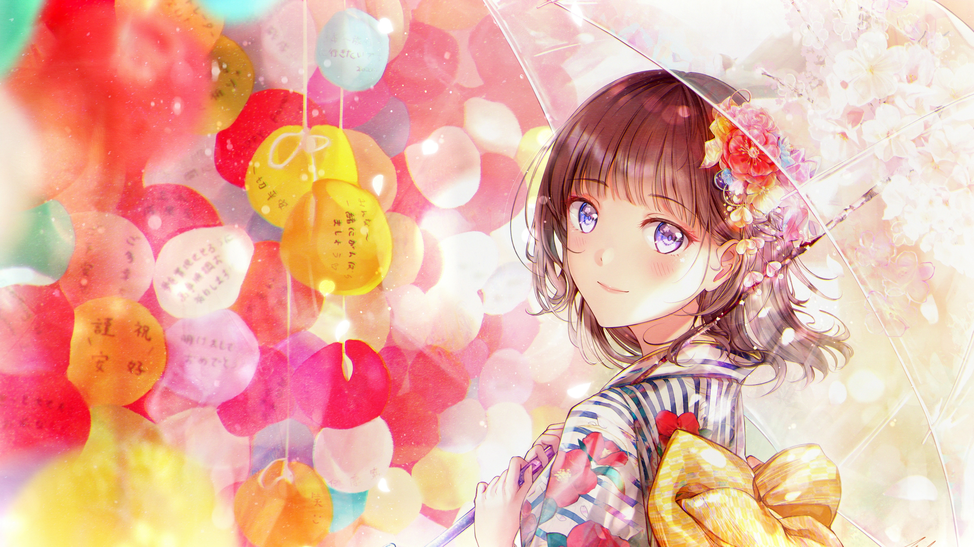 A vibrant anime girl set against a colorful and dense floral background with bright, girly aesthetics.