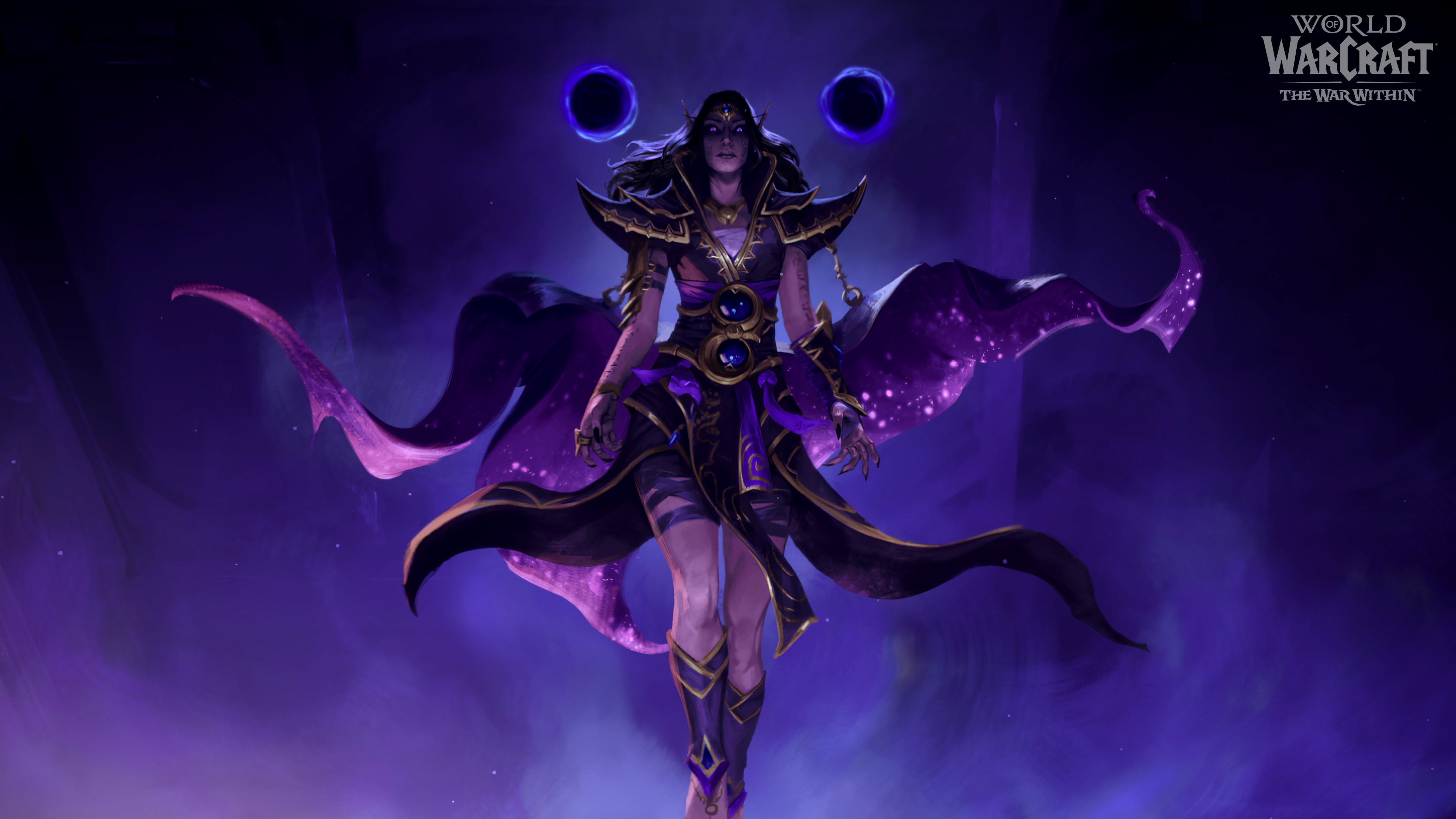 A dark and ethereal Voidweaver from World of Warcraft: The War Within, featuring cosmic shadows and void energy.