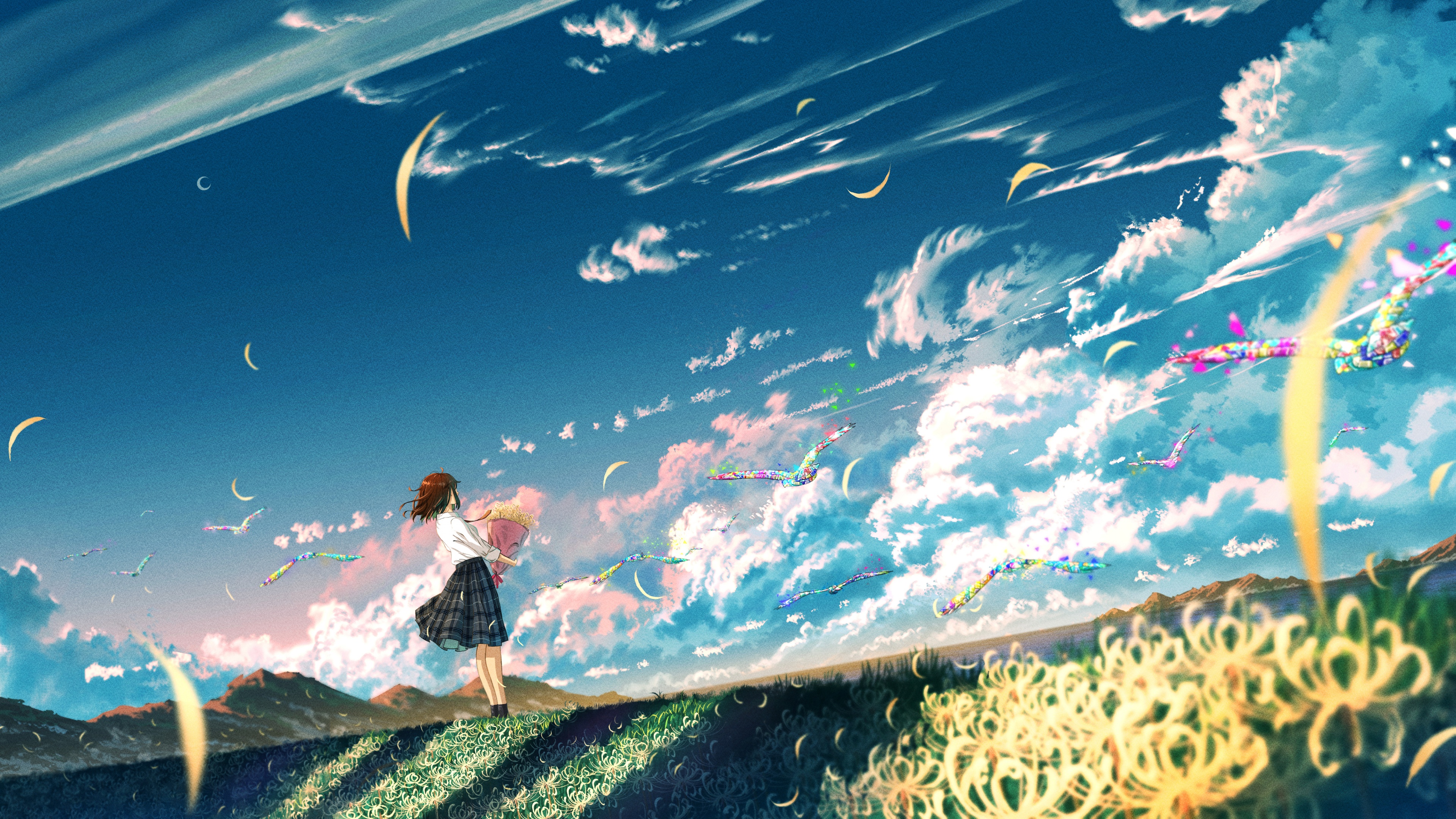 An anime girl holding a colorful flower bouquet in a dreamlike, sunlit landscape under a gentle morning breeze.