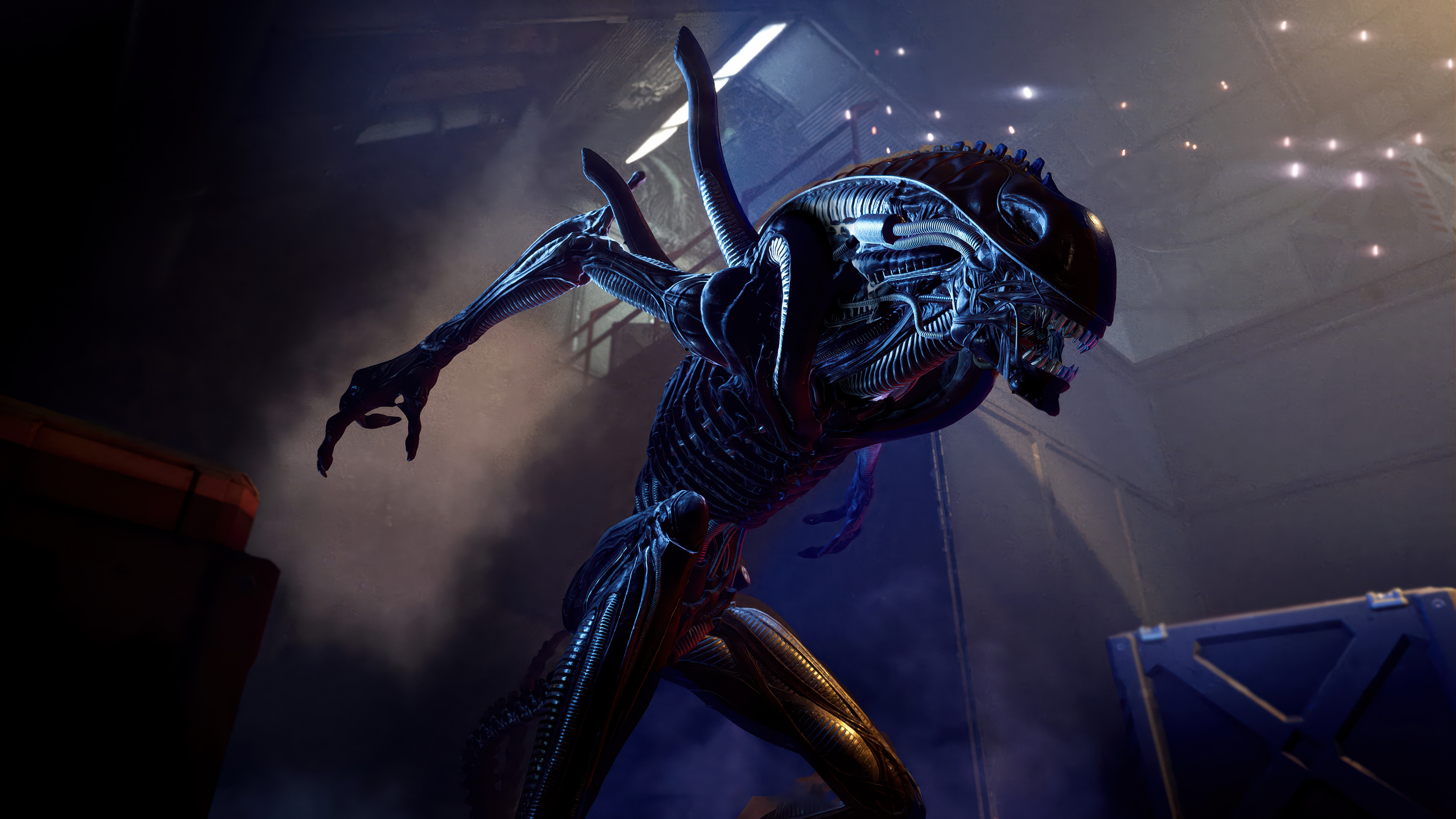 A highly detailed, cinematic close-up of a Xenomorph from the Alien franchise, featuring its glossy black skin and predatory features.