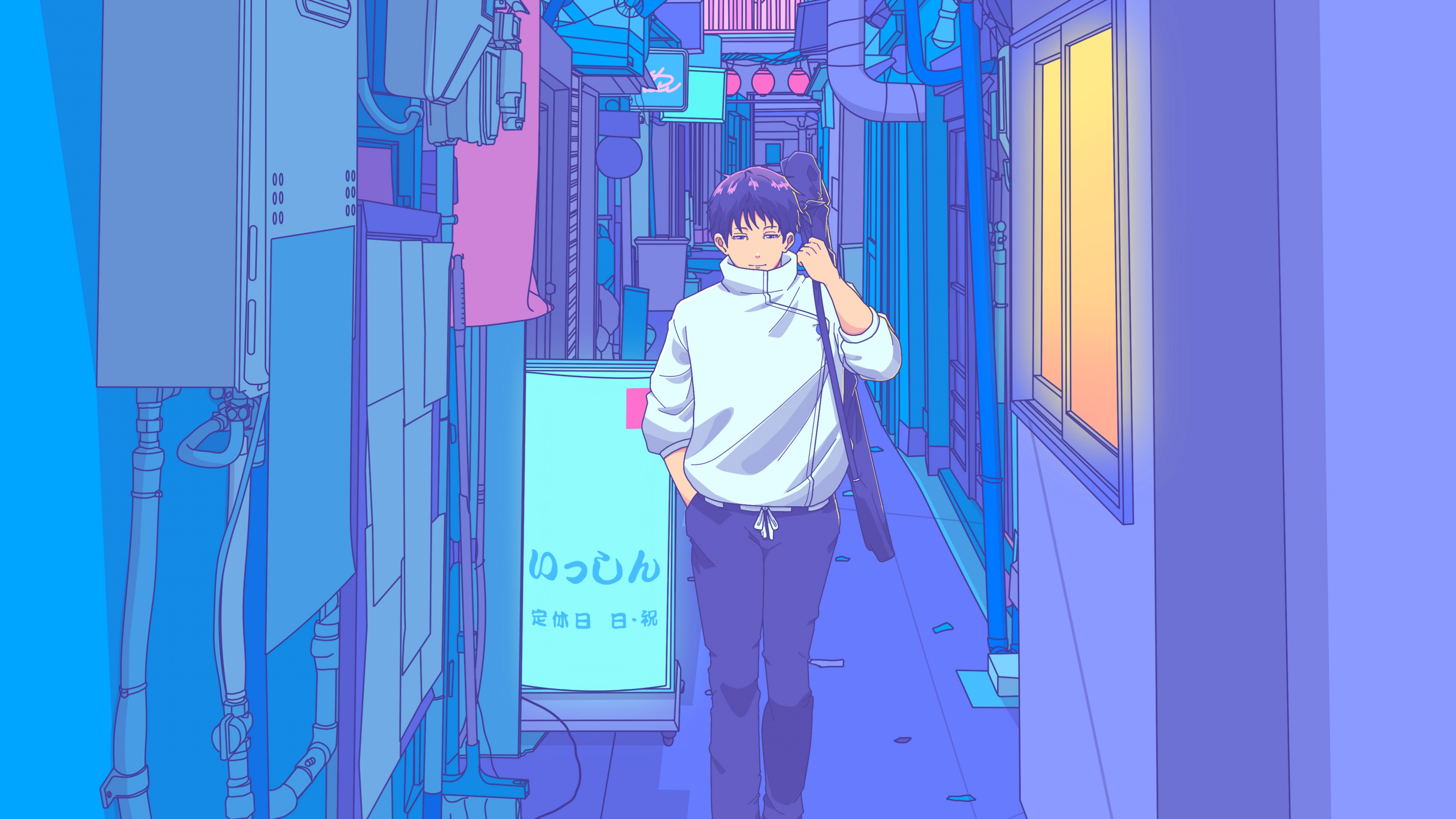 Yuta Okkotsu from Jujutsu Kaisen in a vaporwave-style Japanese street with neon synthwave lighting.