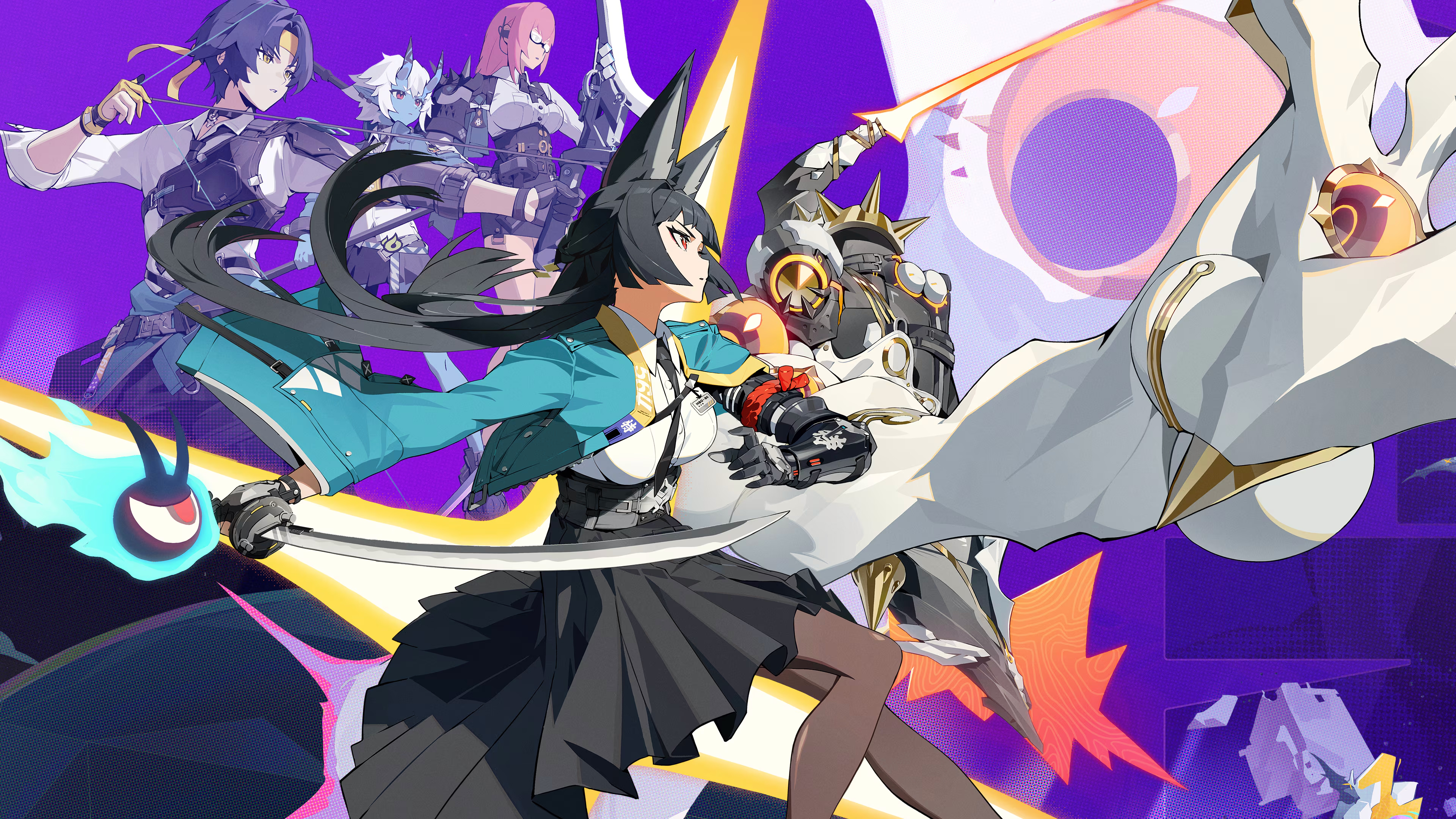 A stylized anime-style character from Zenless Zone Zero standing in a futuristic, neon-lit urban street environment.