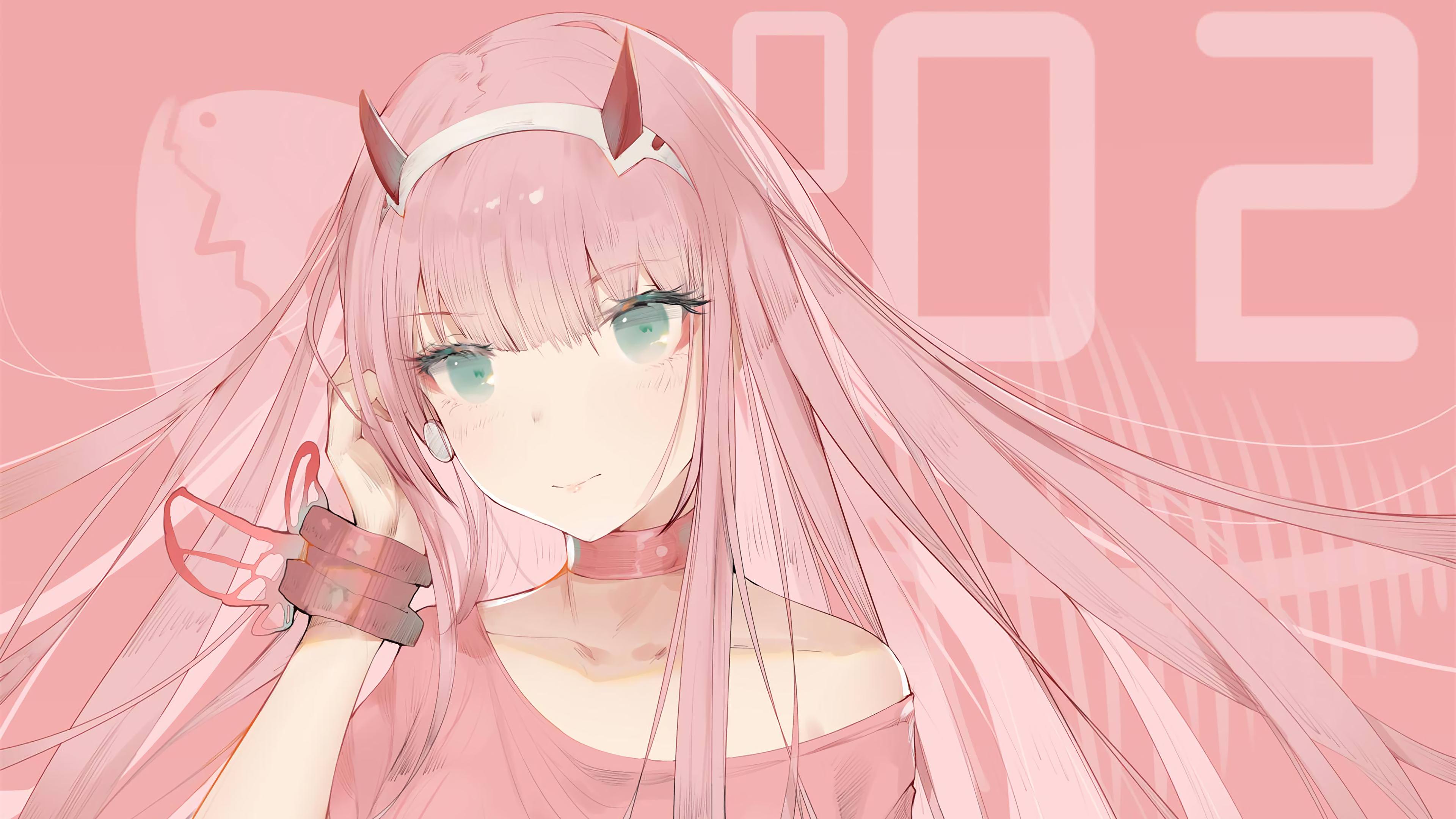 Zero Two from DARLING in the FRANXX featuring a soft pink aesthetic and baby pink background.