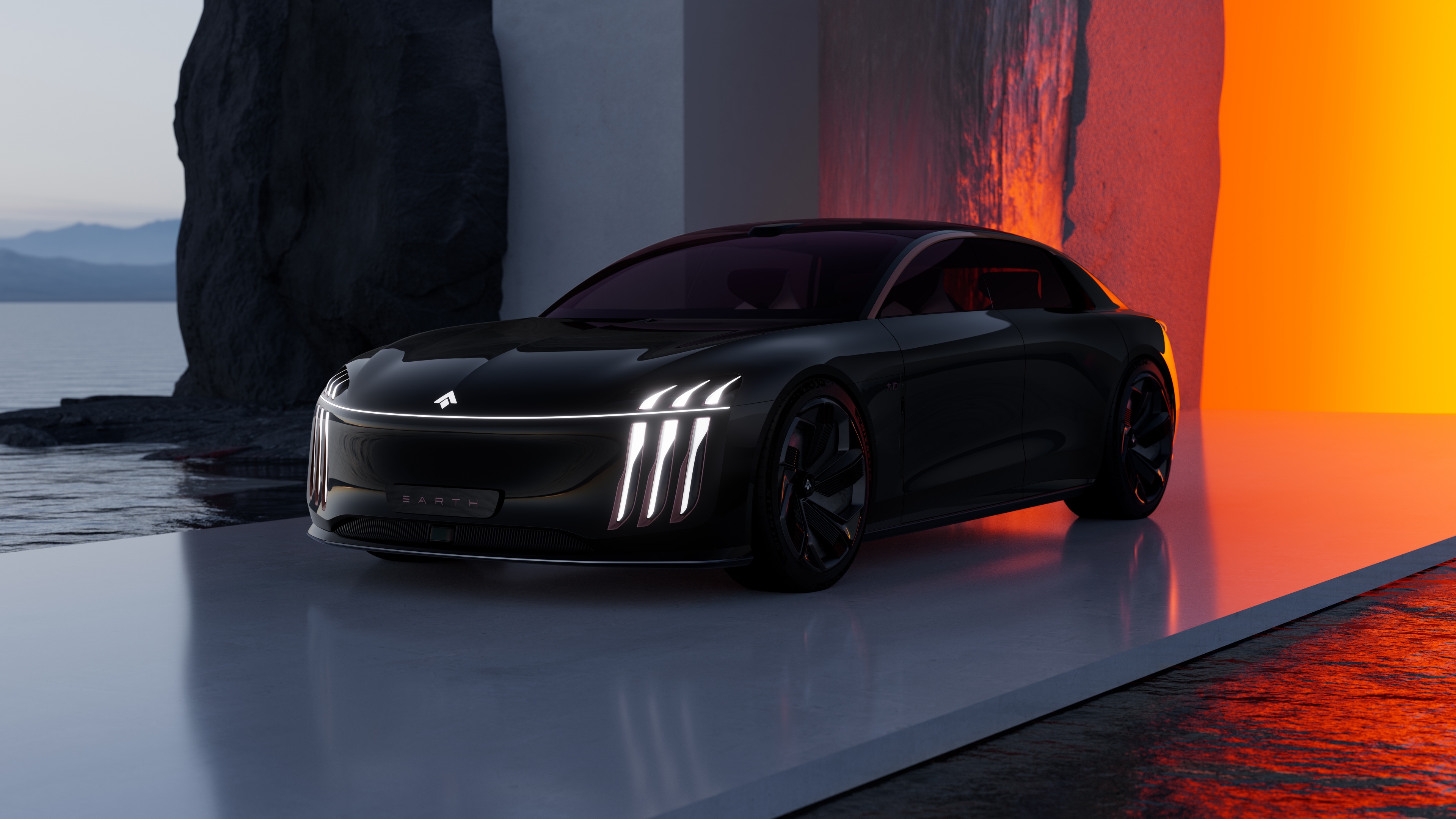 A futuristic electric hypercar with a sleek aerodynamic body and glowing neon accents.