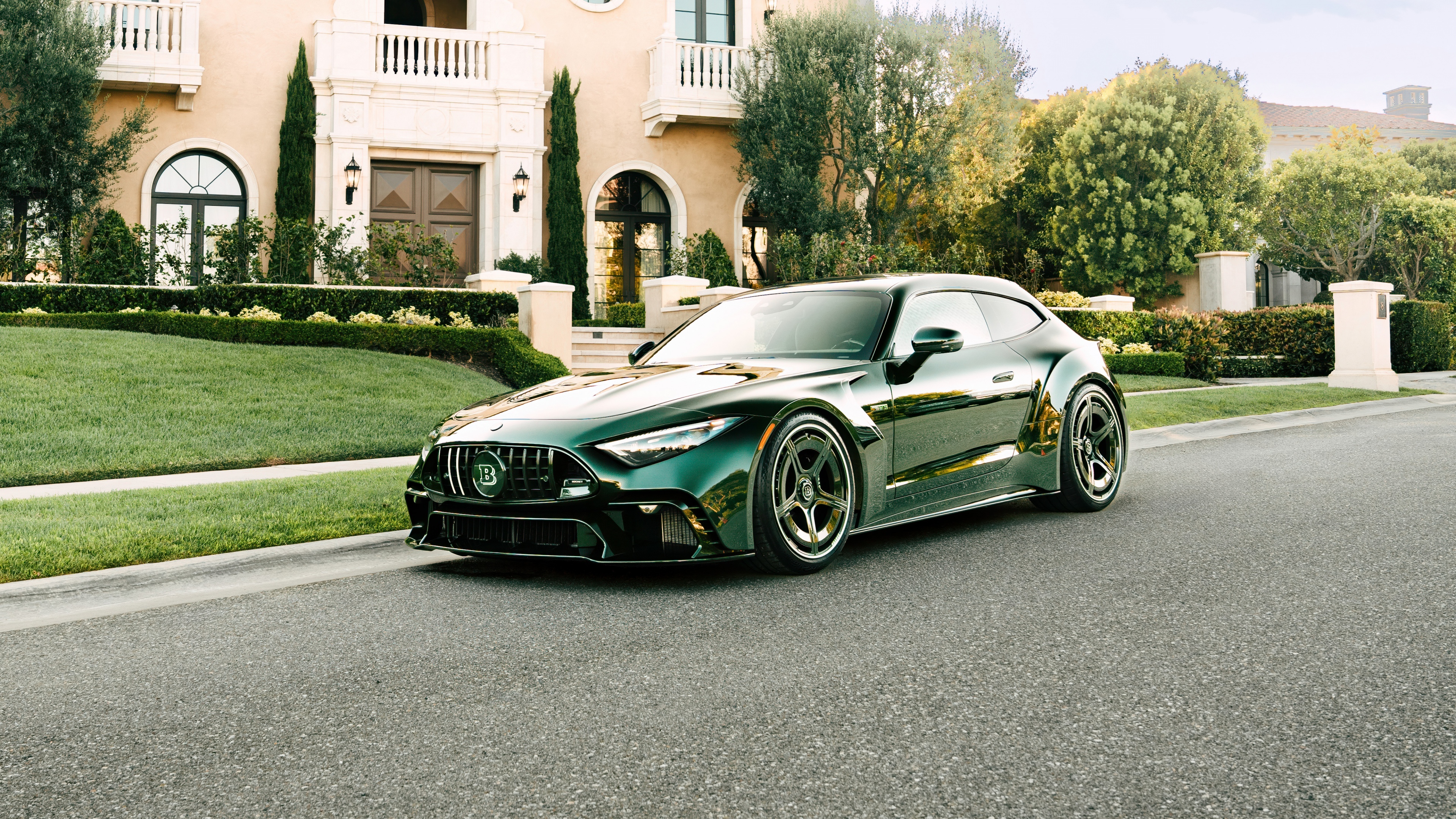 Close-up shot of a sleek, modern 2025 Mercedes-AMG GT luxury sports car in high detail.