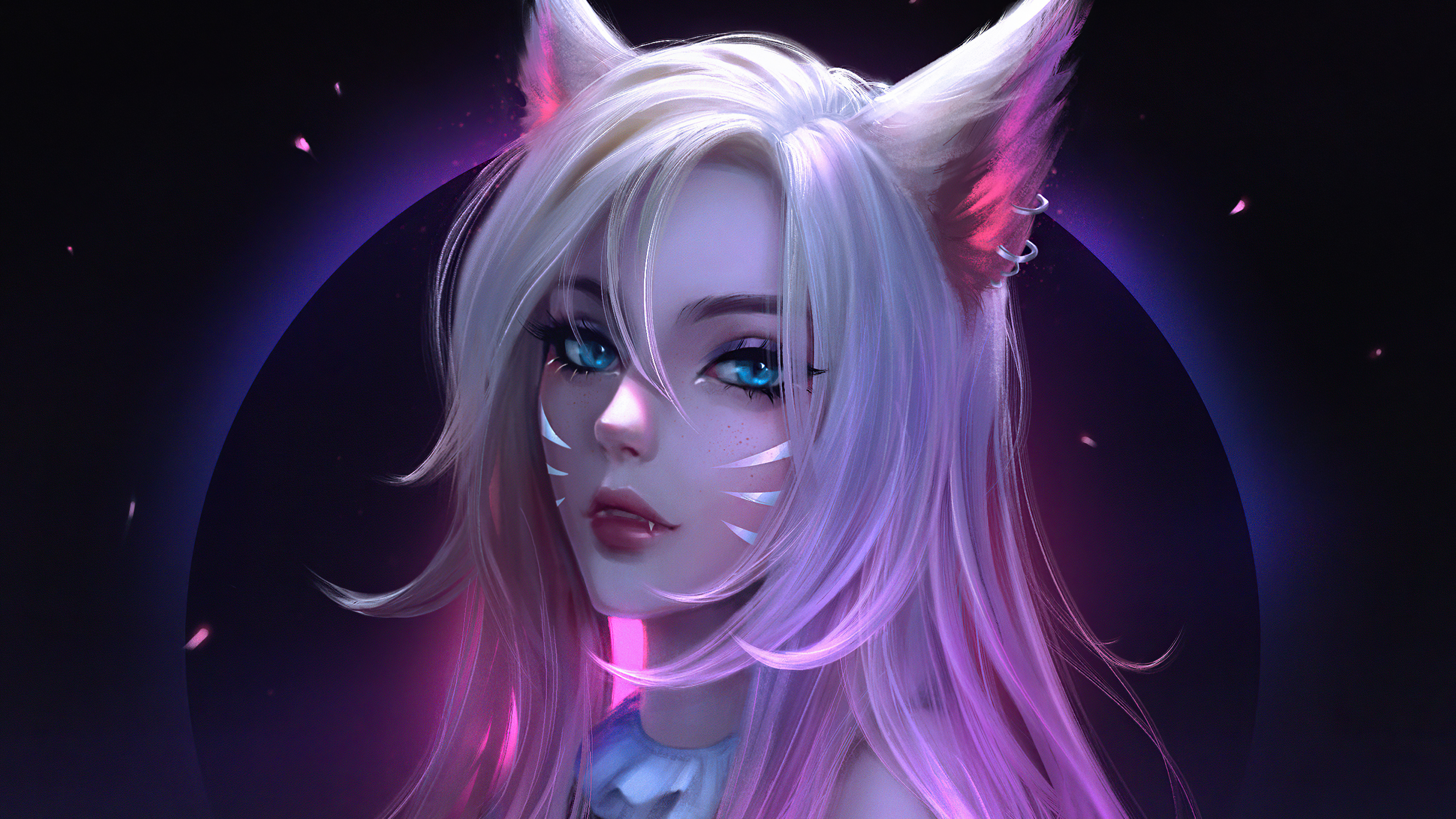 Ahri from League of Legends wearing a glamorous K-pop stage outfit with vibrant neon lighting and pop star aesthetics.
