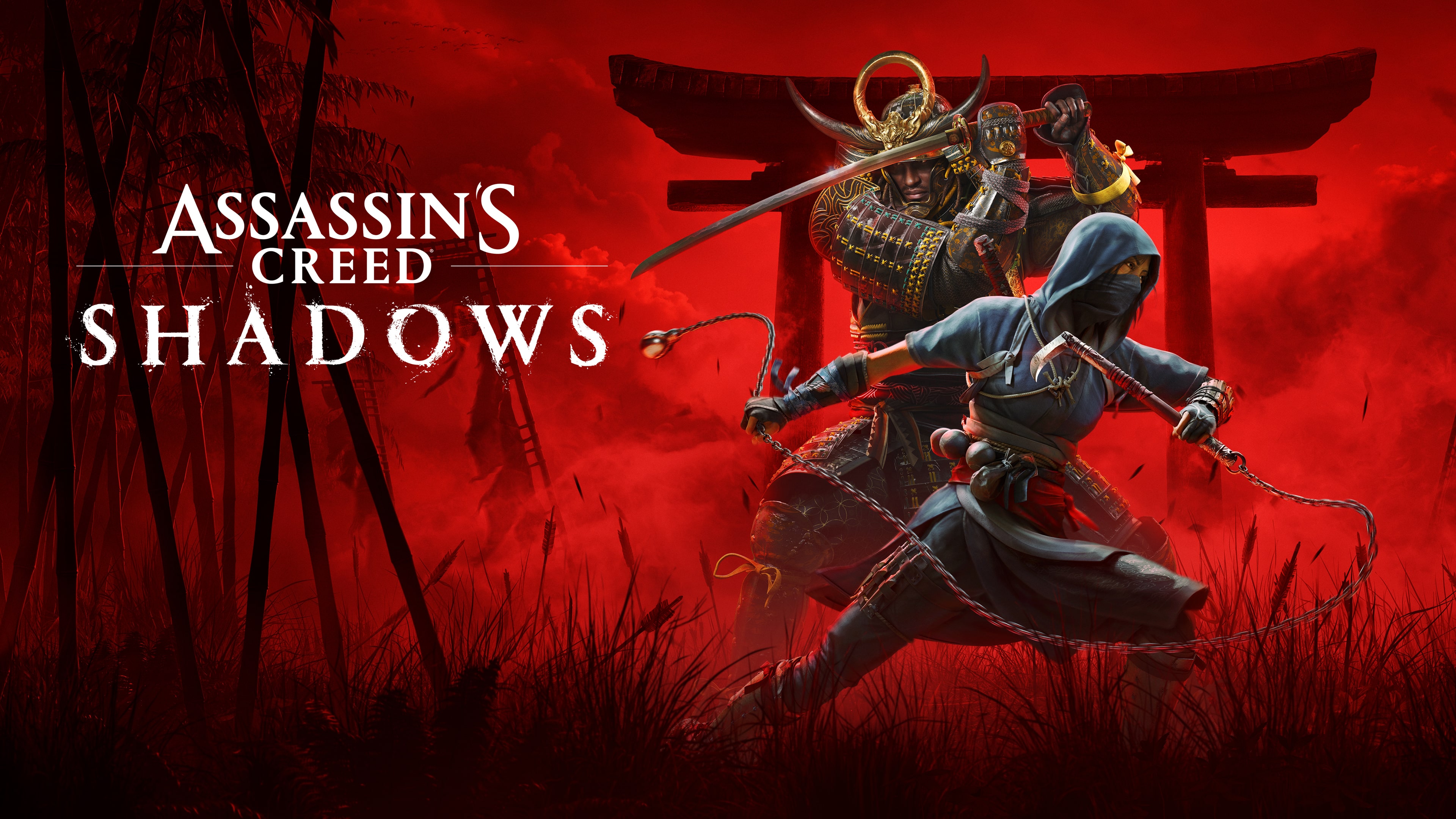Official game art from Assassin's Creed Shadows featuring the characters Naoe and Yasuke in feudal Japan.