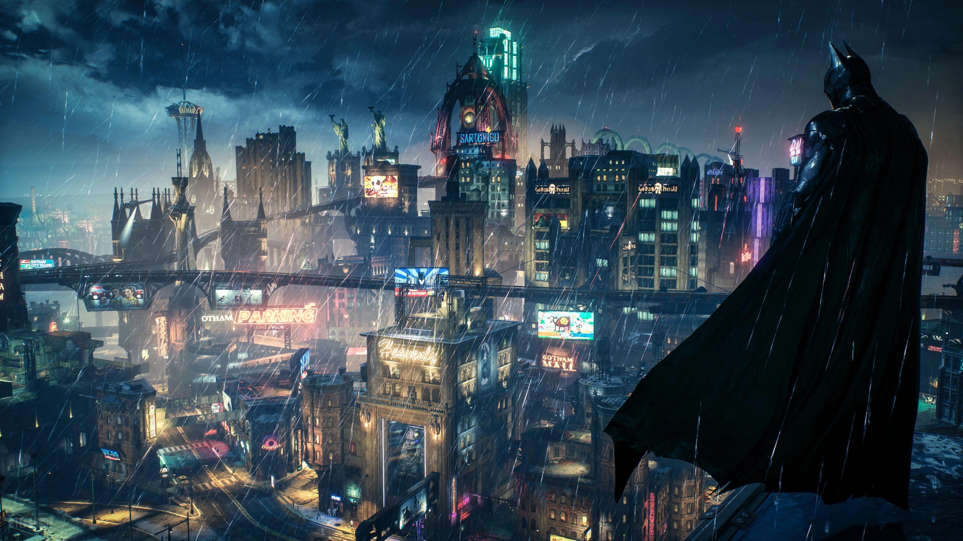 Batman surveying the dark and moody cityscape of Gotham City from the Batman: Arkham Knight video game.