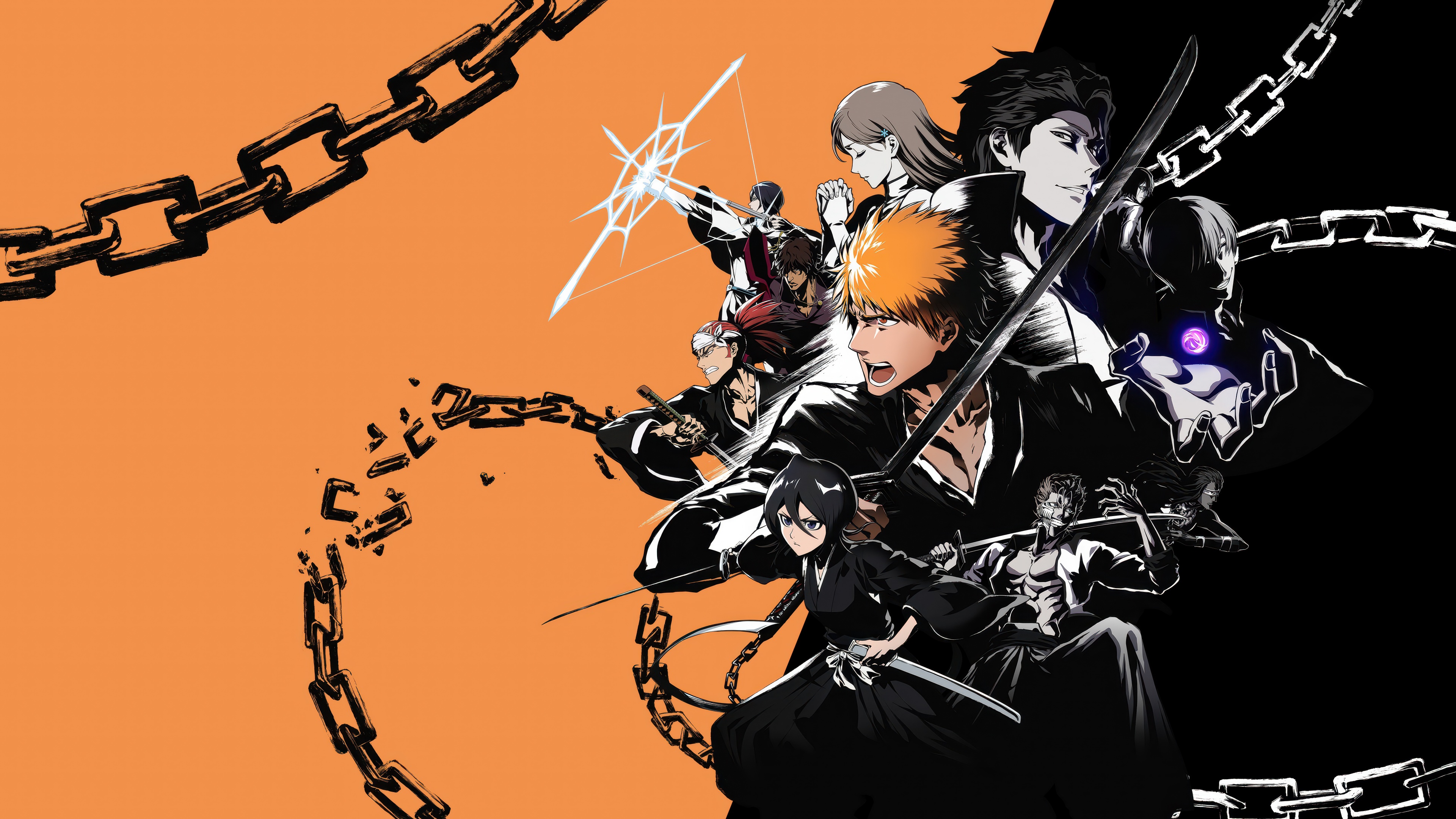 A cinematic high-resolution render of Ichigo Kurosaki, Rukia Kuchiki, and Sosuke Aizen from the Bleach series.