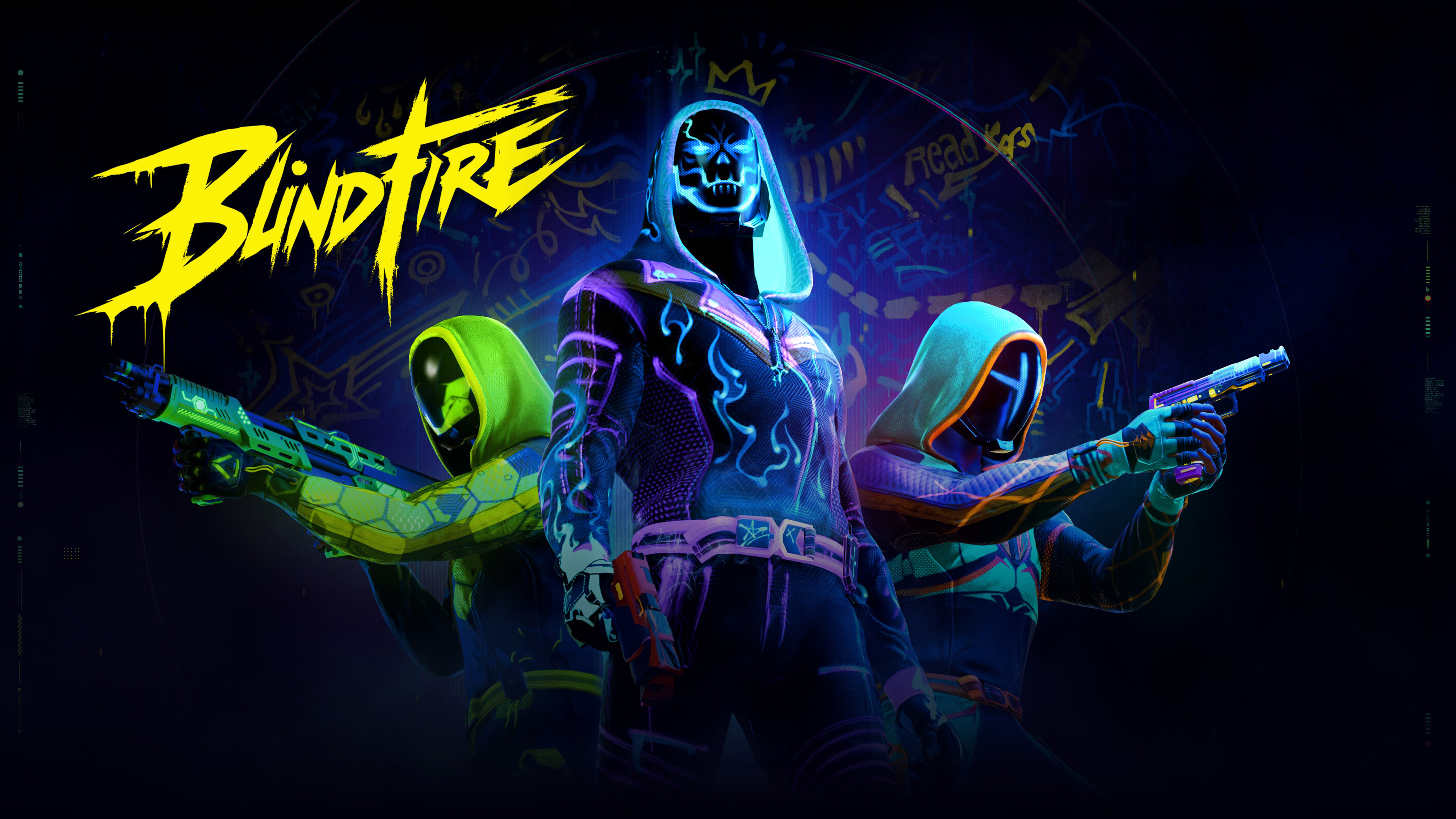 A cinematic key art for the game Blindfire featuring a protagonist in a neon-lit cyberpunk setting.