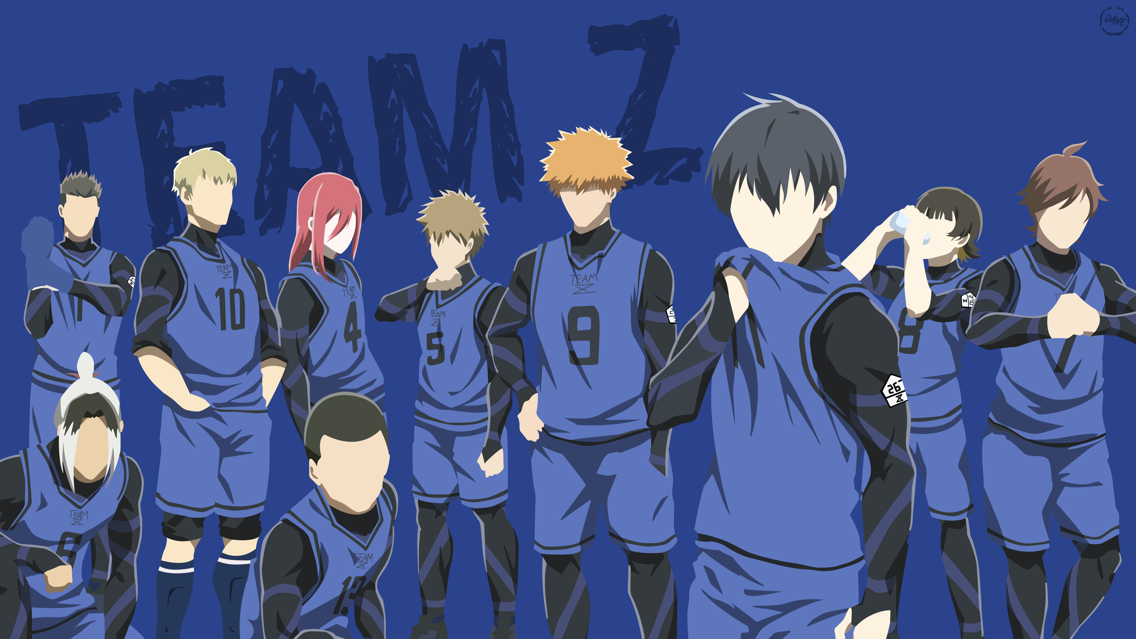 Faceless silhouettes of Blue Lock Team Z characters, including Yoichi Isagi and Meguru Bachira, against a vibrant blue background.