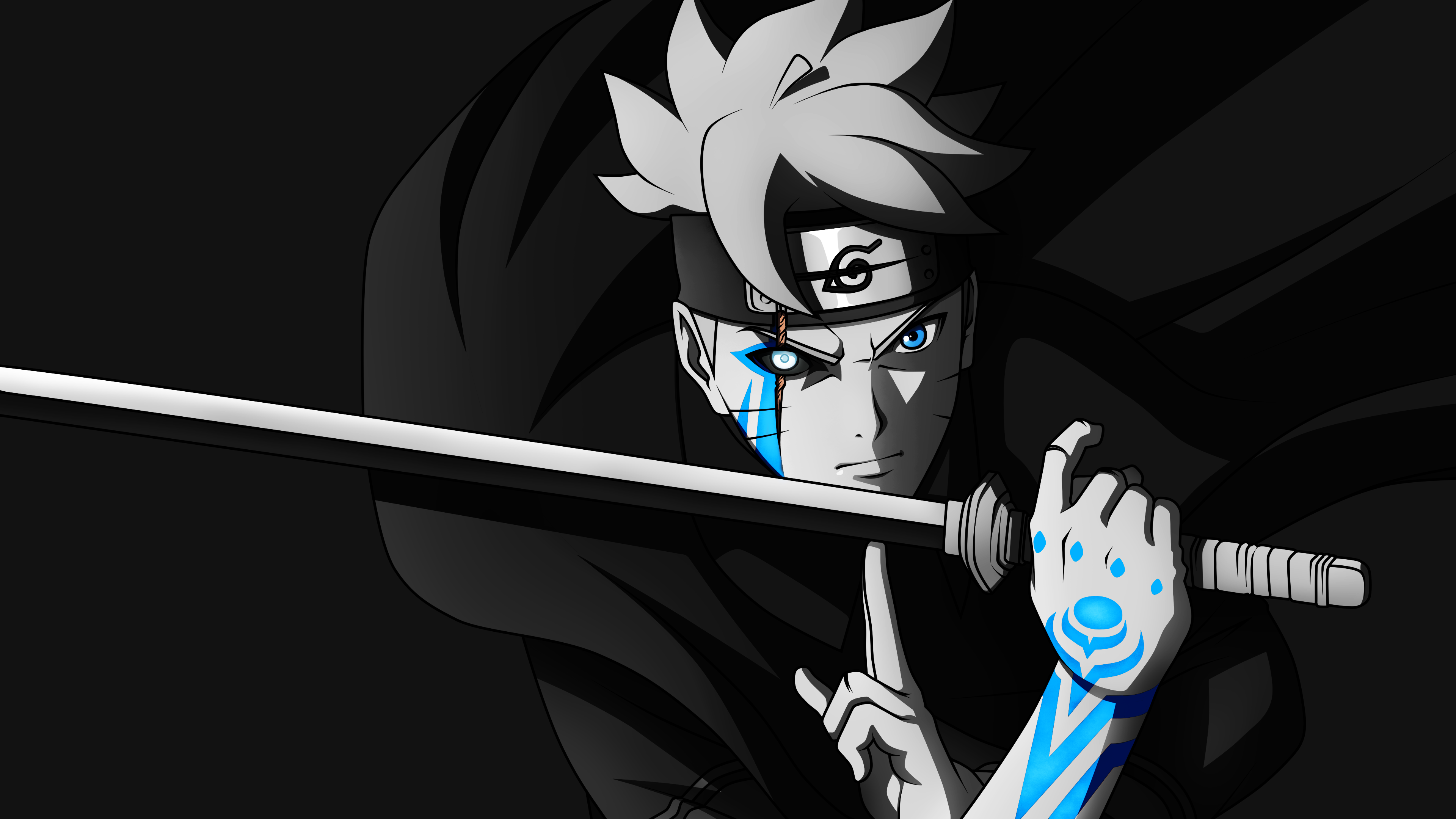 Boruto Uzumaki and Naruto Uzumaki featuring a katana in a dark atmospheric setting