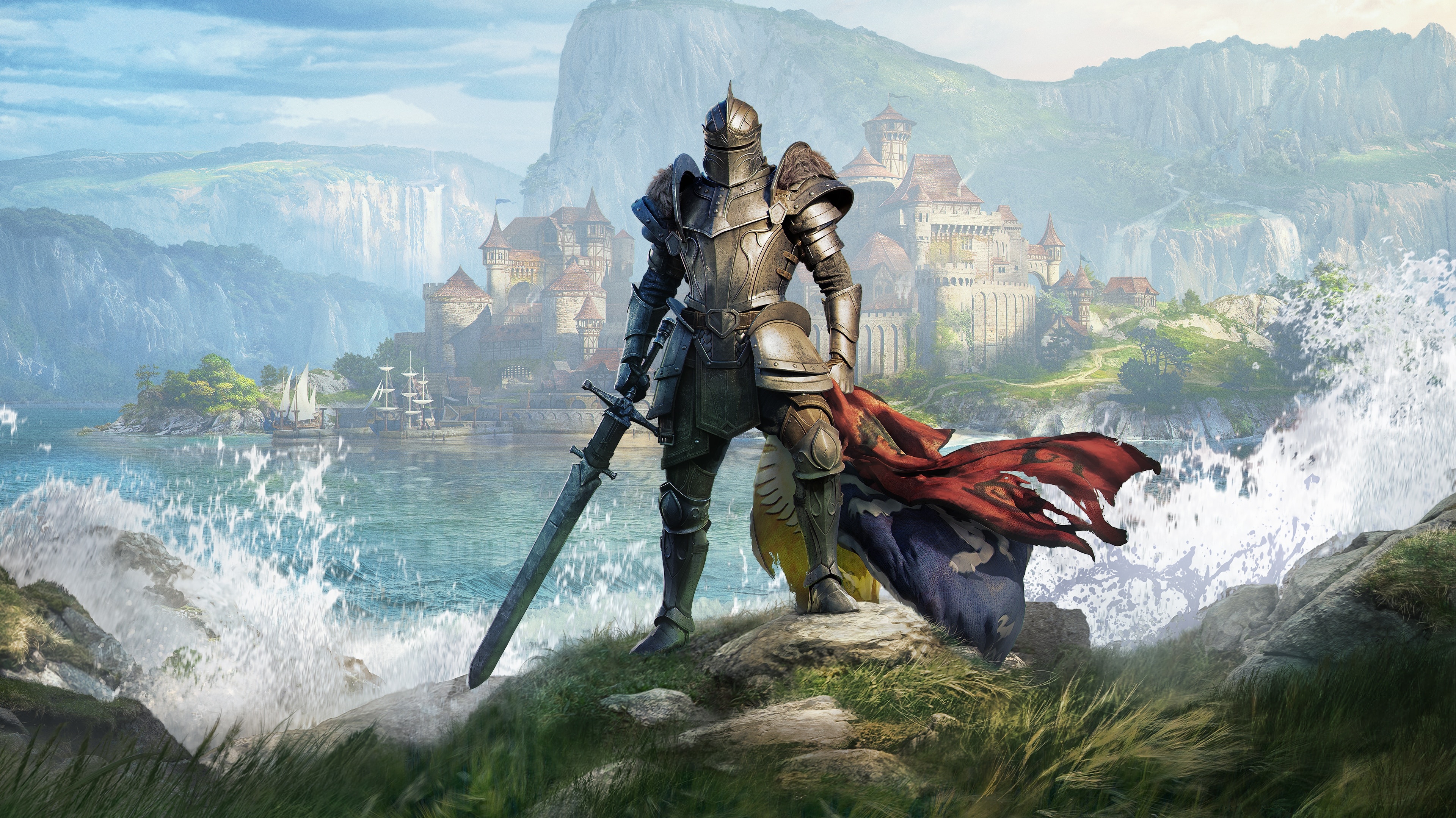 A Breton adventurer overlooking the vibrant, sunlit cliffs and sea of High Isle in The Elder Scrolls Online