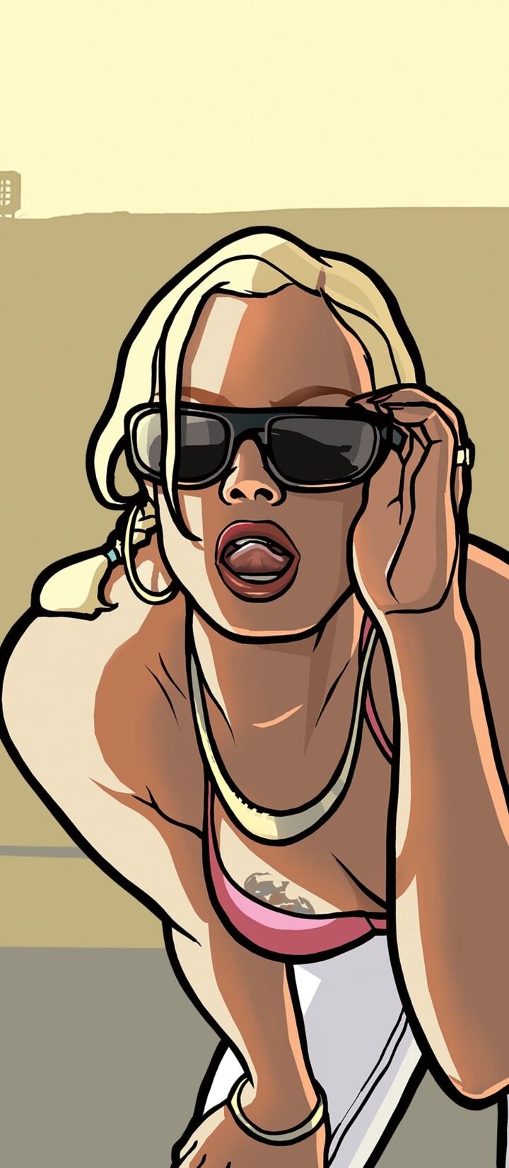 Carl "CJ" Johnson from Grand Theft Auto: San Andreas standing in a street setting, Rockstar Games style.