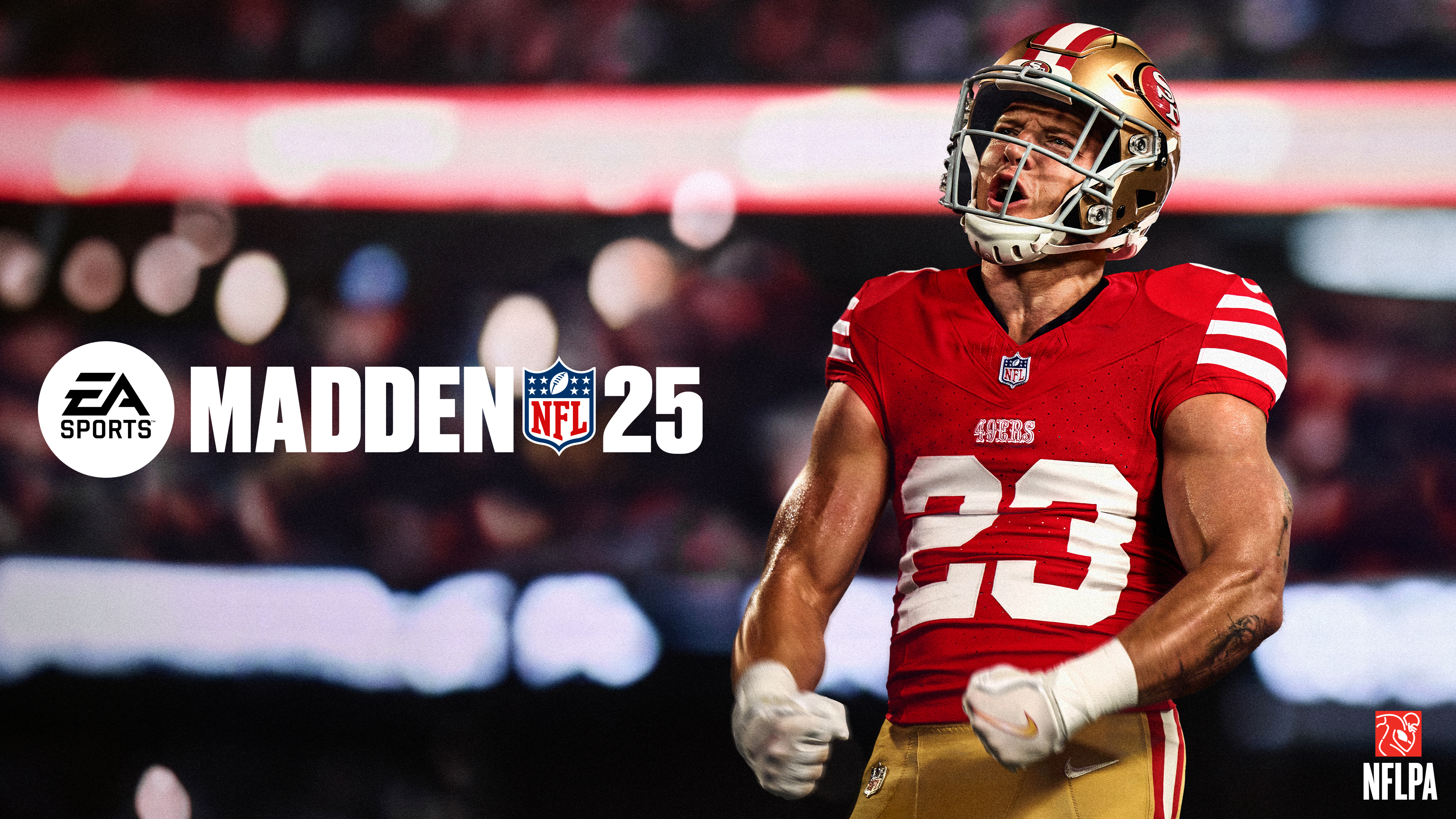 Christian McCaffrey of the San Francisco 49ers in a Madden NFL 25 gameplay scene.