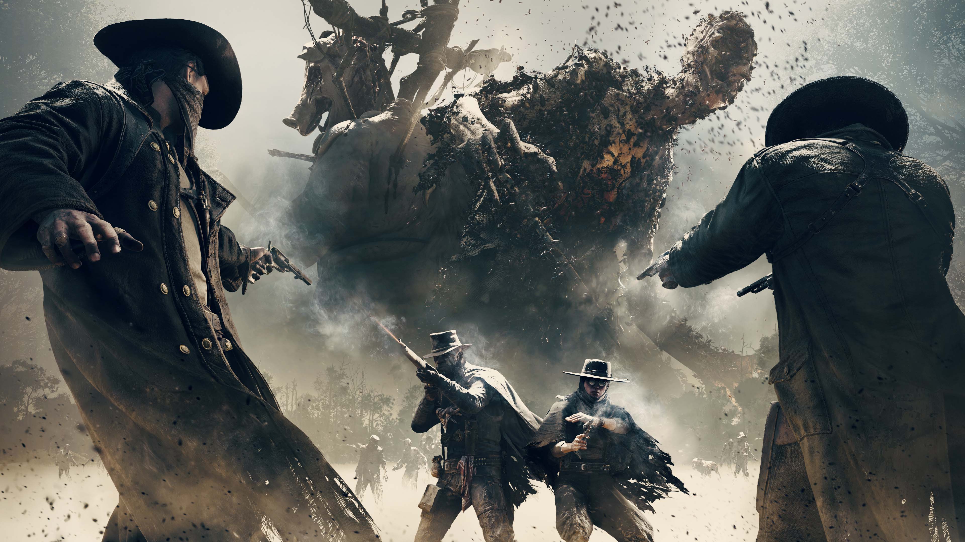 A cinematic depiction of a hunter from the video game Hunt: Showdown, standing in a dark, foggy swamp environment with a gritty horror aesthetic.