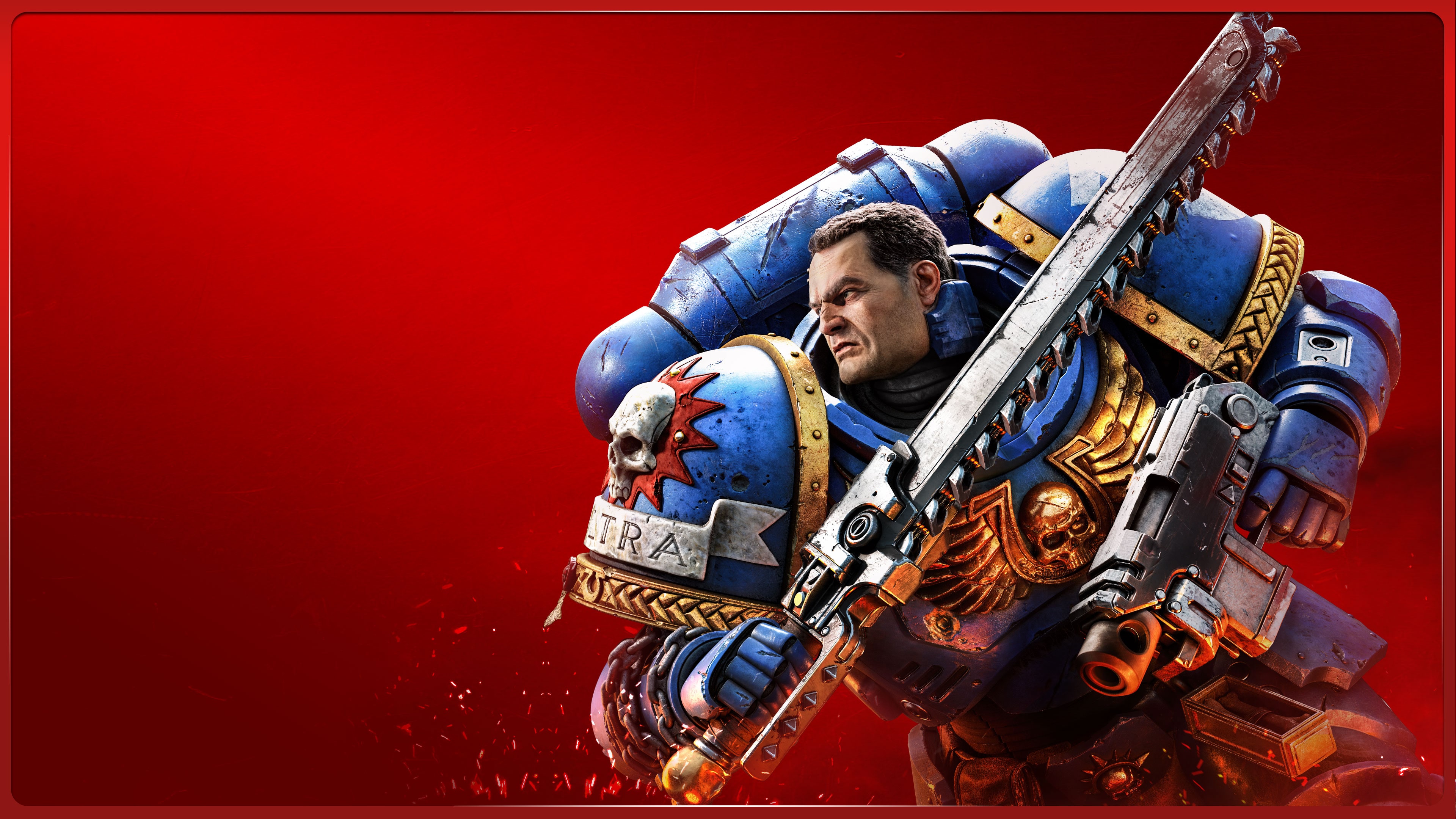 Demetrian Titus from Warhammer 40,000: Space Marine 2 standing against a vibrant red backdrop.