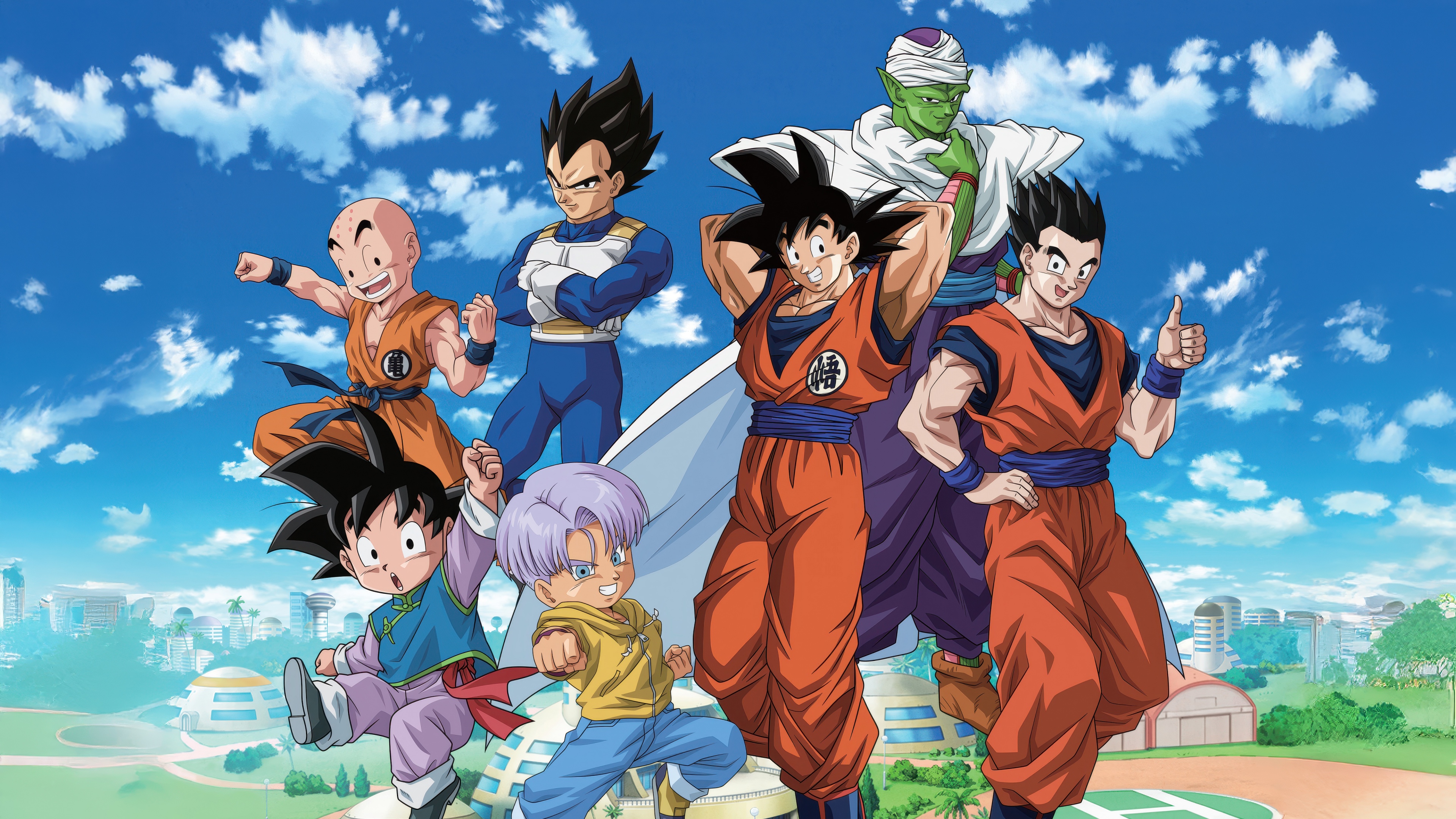 A cinematic group poster featuring Goku, Vegeta, Gohan, Piccolo, and Trunks from the anime Dragon Ball Super.