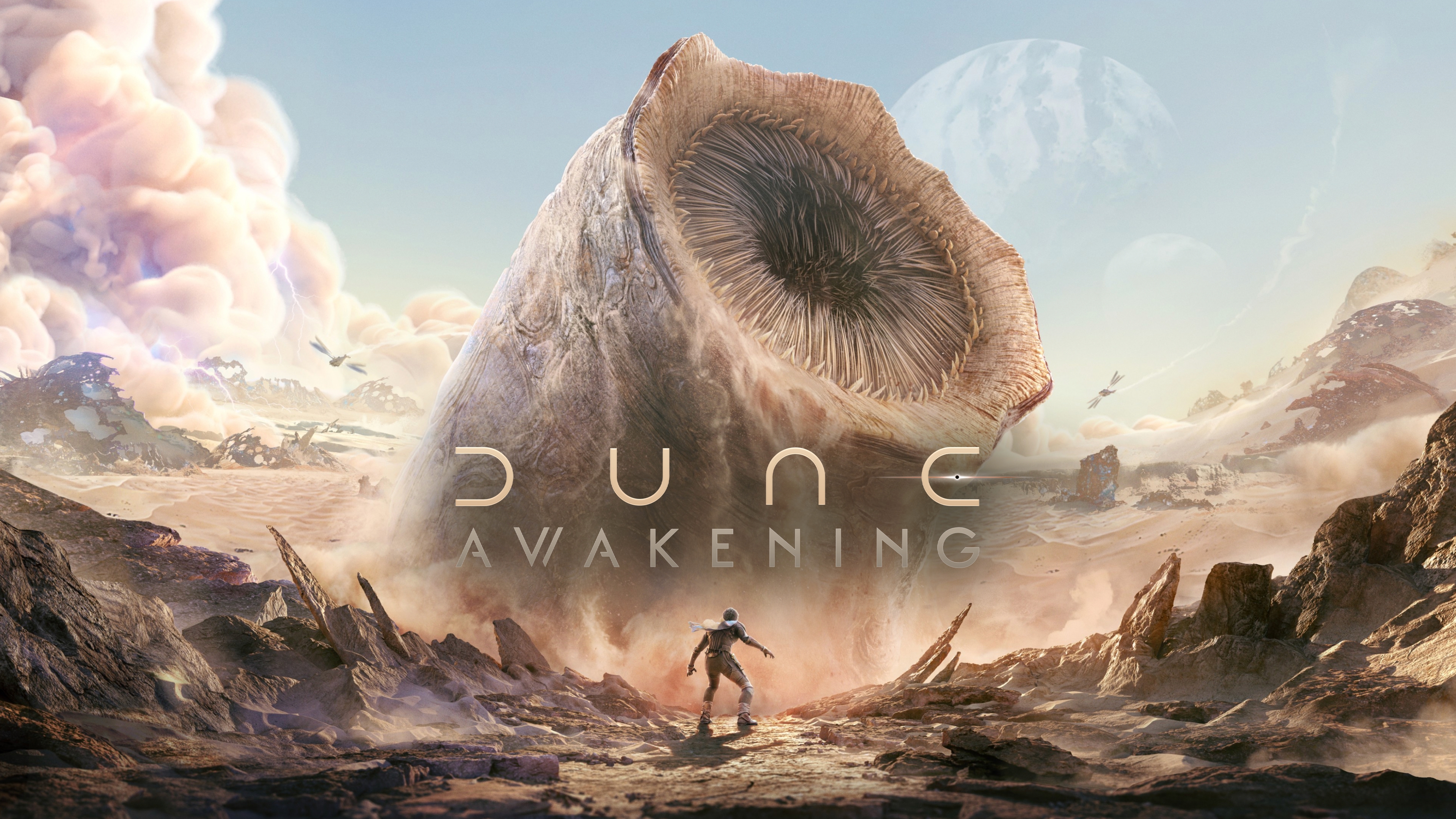 A character wearing a specialized stillsuit walking through the massive, sun-drenched sand dunes of Arrakis in Dune: Awakening.