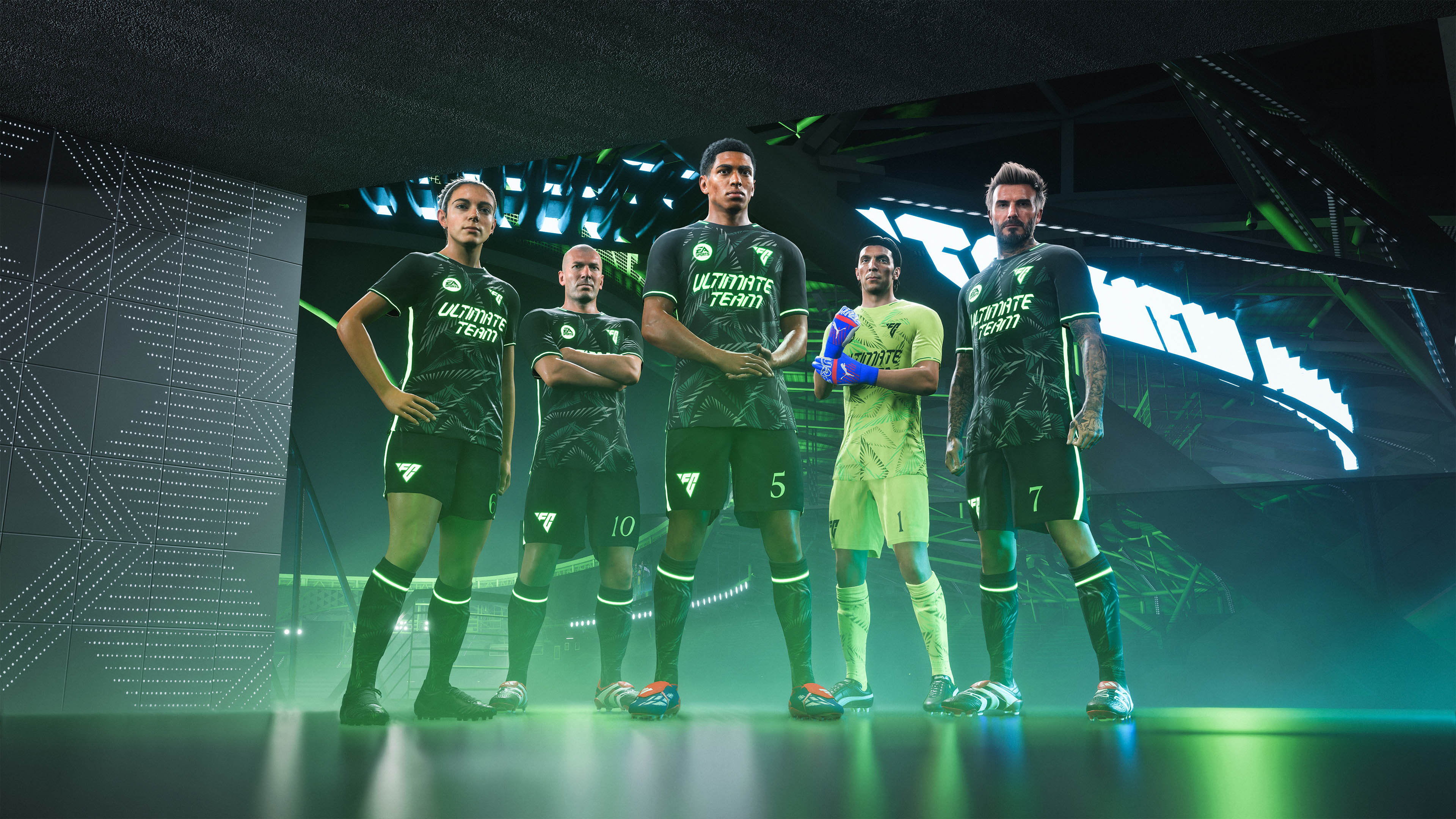 A cinematic representation of the EA Sports FC 25 video game featuring realistic football stadium aesthetics and modern sports gaming graphics.