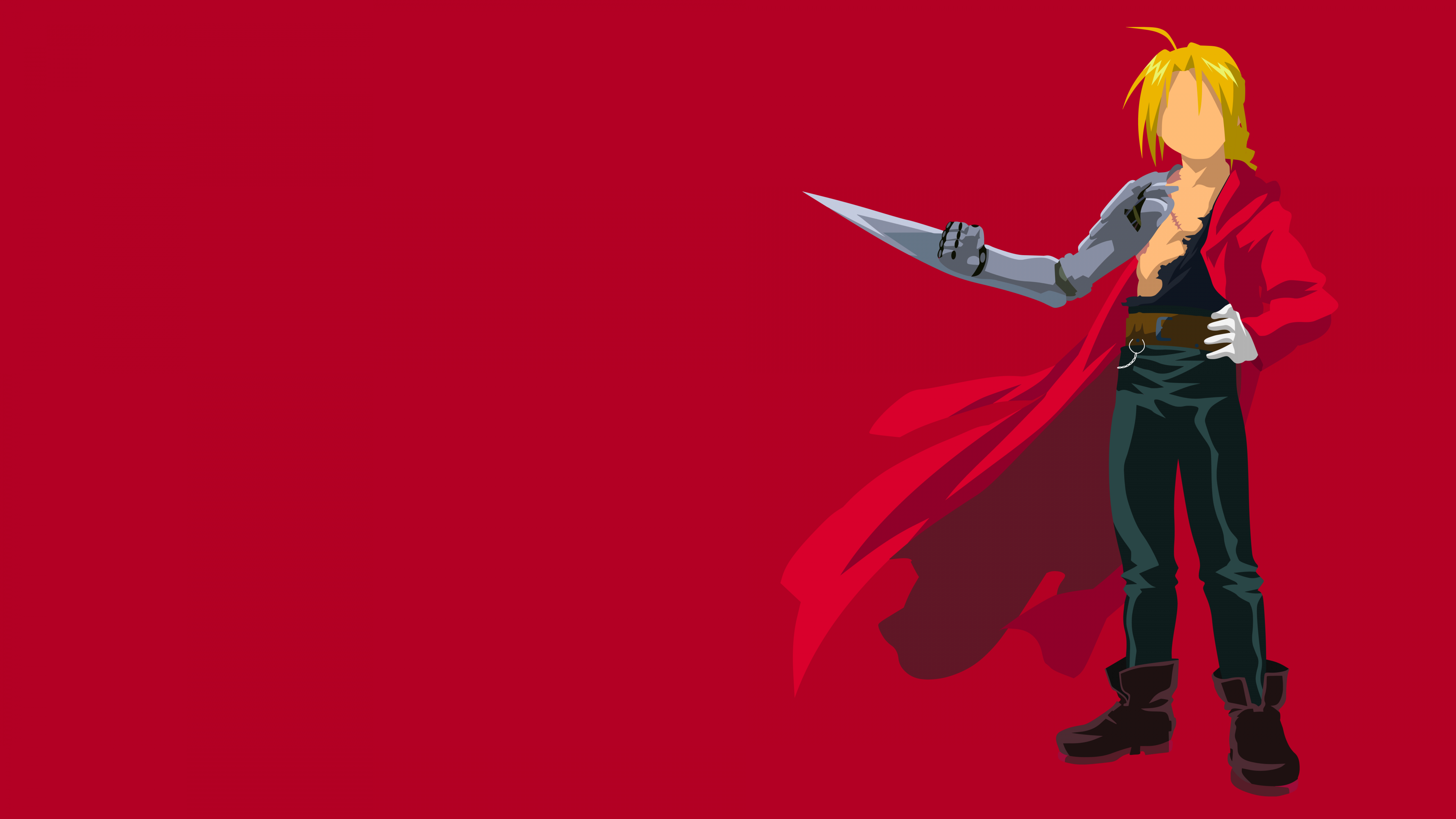 A minimalist illustration of Edward Elric from Fullmetal Alchemist: Brotherhood against a solid red background.