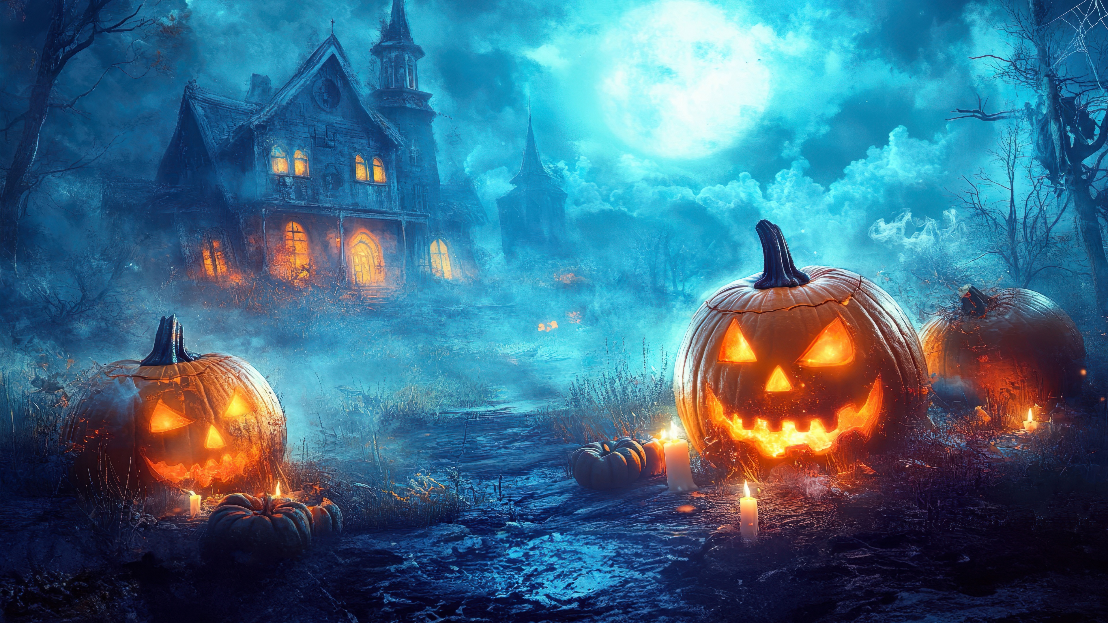A dark, spooky haunted house surrounded by glowing Halloween pumpkins on a moonlit night.