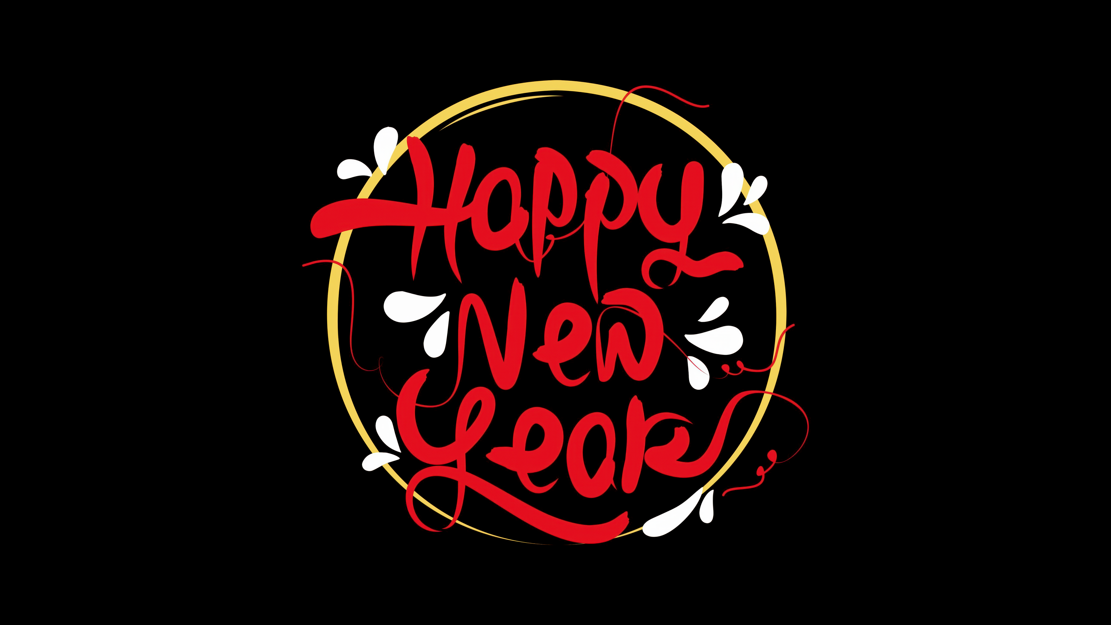 Elegant calligraphy reading Happy New Year against a solid black background.